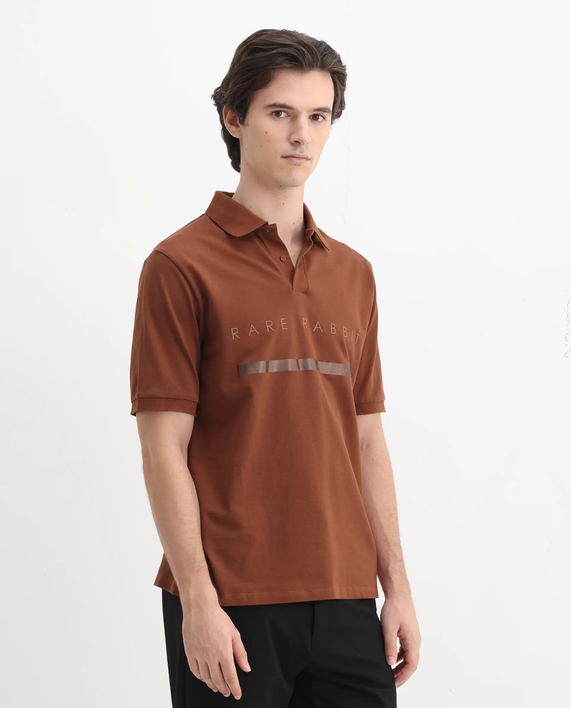 Rare Rabbit Men's Nellit Dusky Rust Cotton Blend Plain Regular Fit Half Sleeve Polo