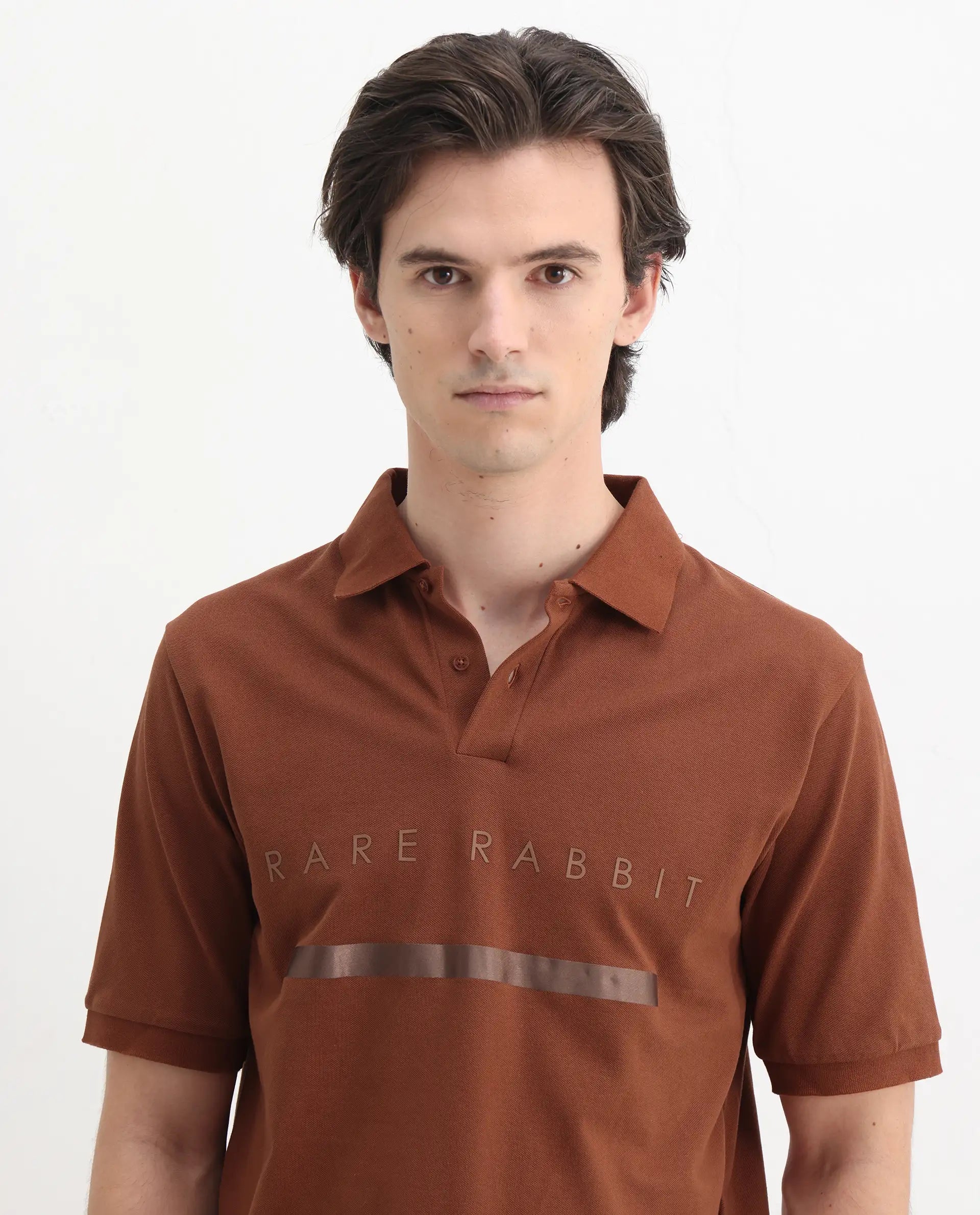 Rare Rabbit Men's Nellit Dusky Rust Cotton Blend Plain Regular Fit Half Sleeve Polo