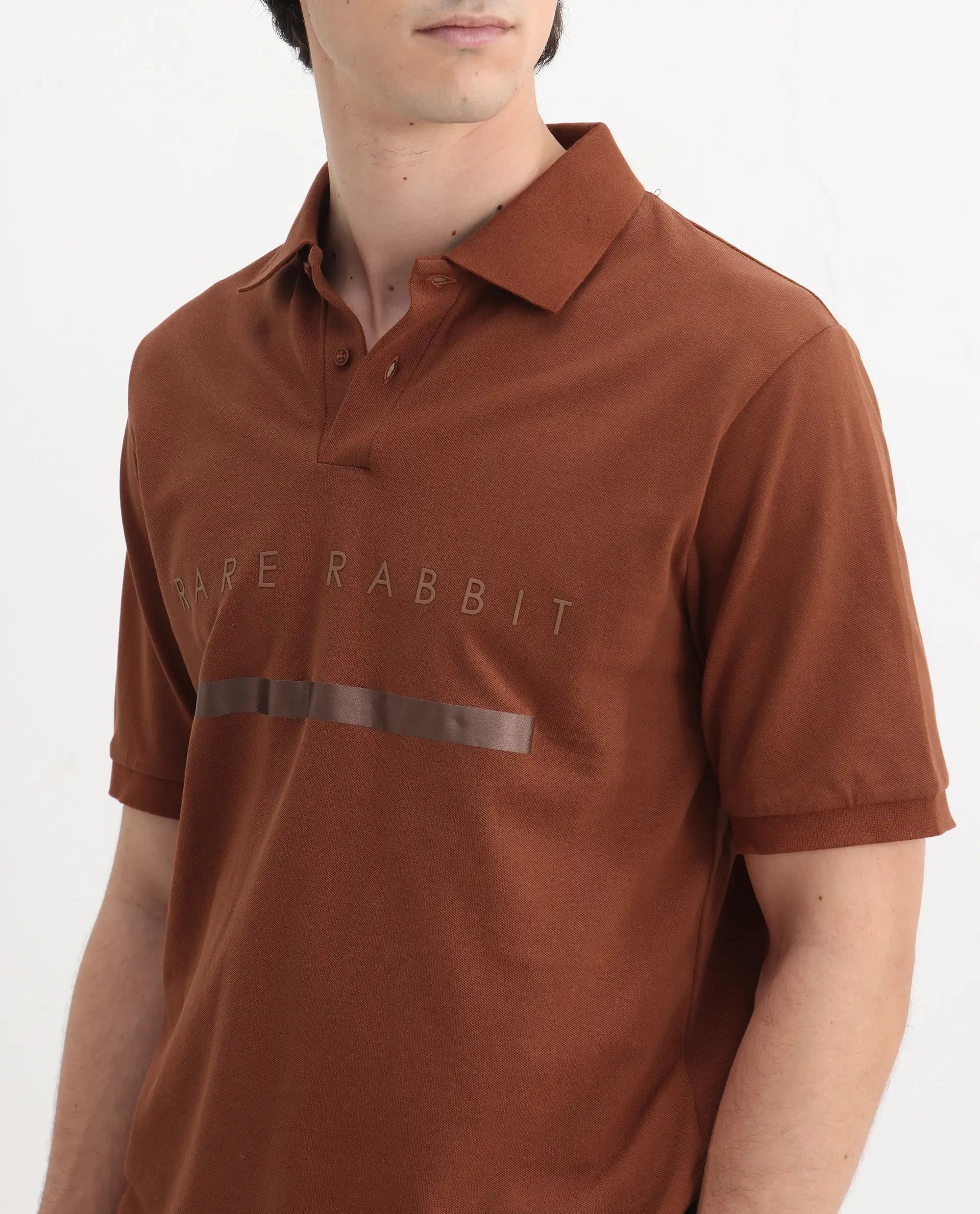 Rare Rabbit Men's Nellit Dusky Rust Cotton Blend Plain Regular Fit Half Sleeve Polo