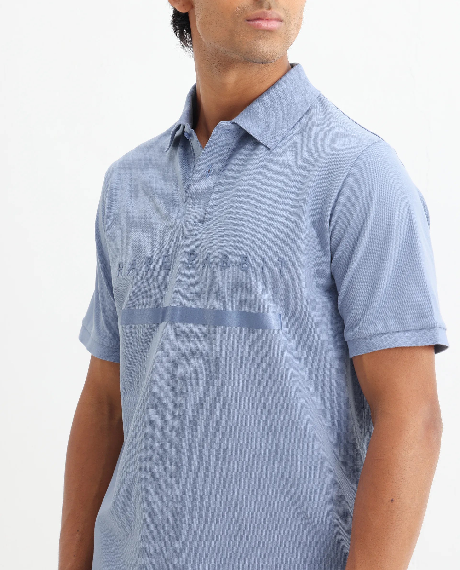 Rare Rabbit Men's Nellit Pastel Blue Cotton Plain Regular Fit Half Sleeve Polo