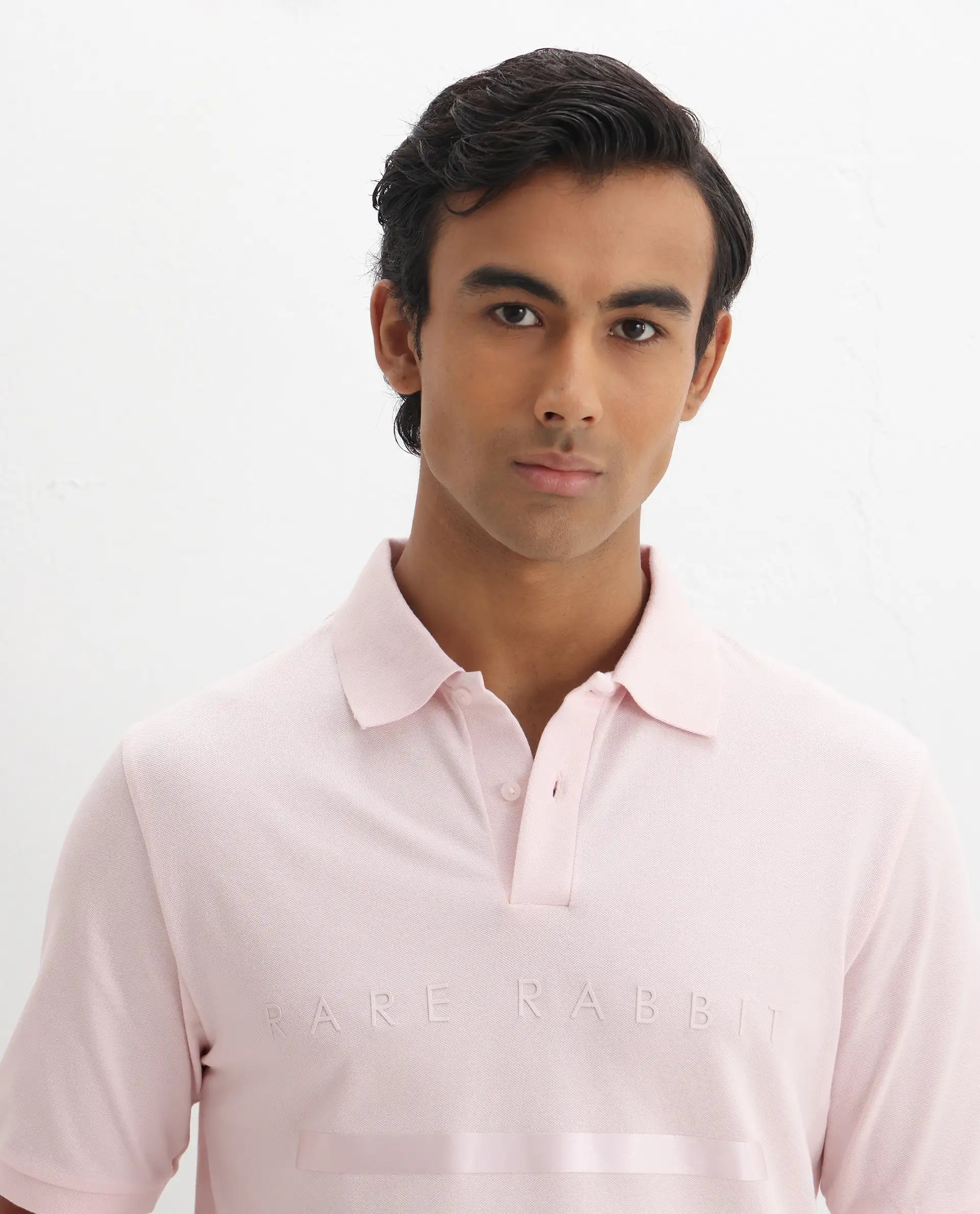 Rare Rabbit Men's Nellit Pastel Pink Cotton Plain Regular Fit Half Sleeve Polo
