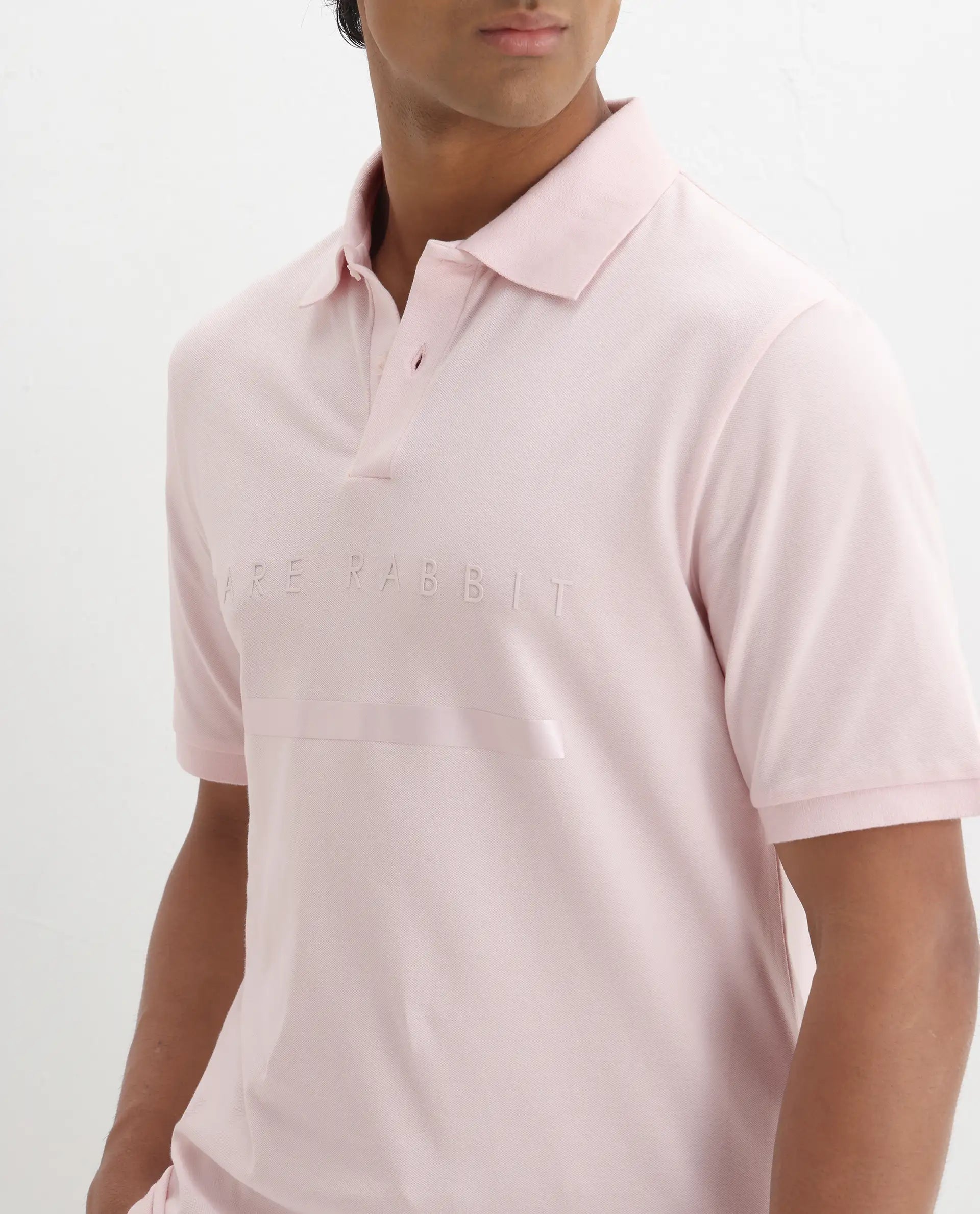 Rare Rabbit Men's Nellit Pastel Pink Cotton Plain Regular Fit Half Sleeve Polo