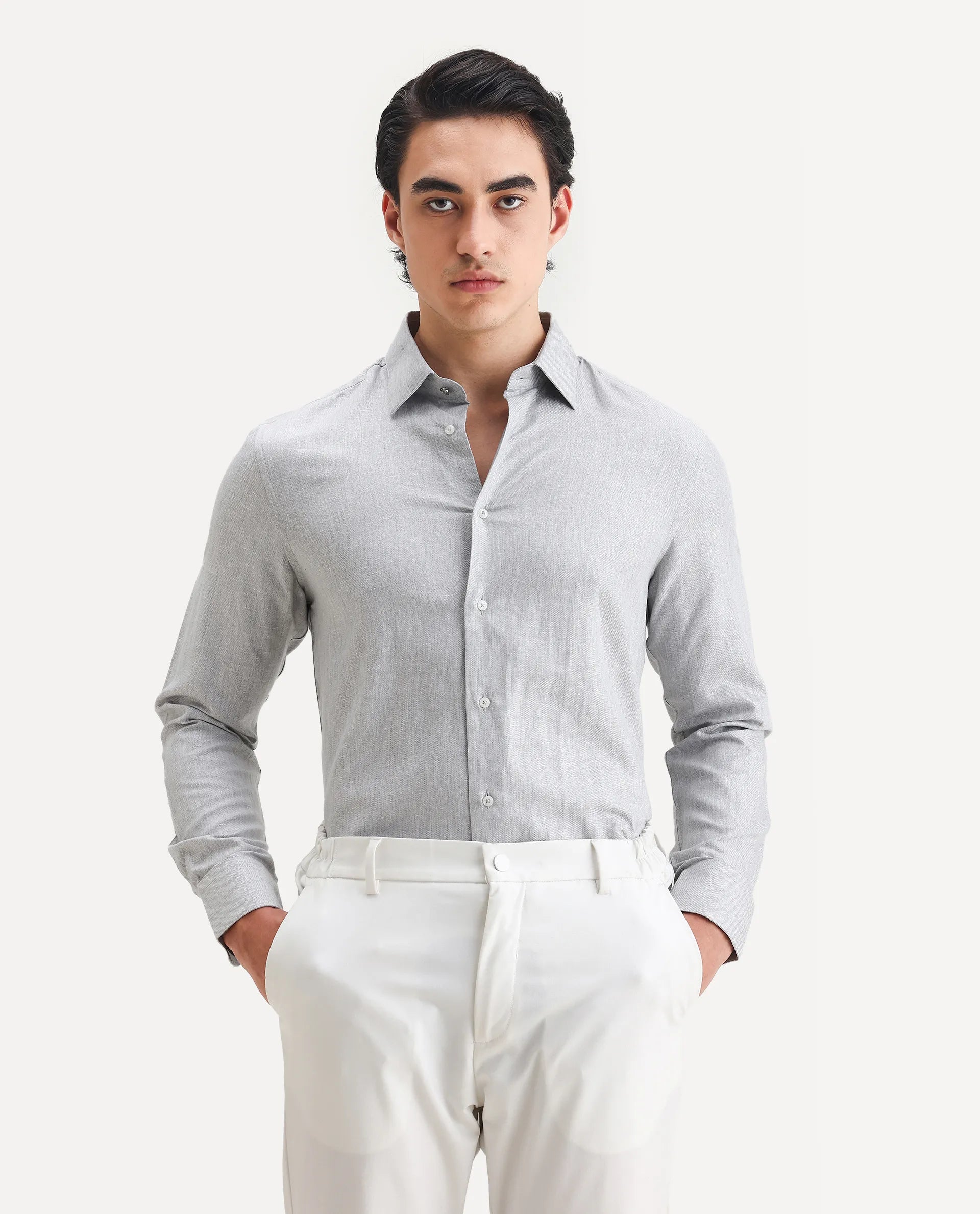 Rare Rabbit Men's Nellor Grey Cotton Plain Regular Fit Full Sleeve Collared Shirt