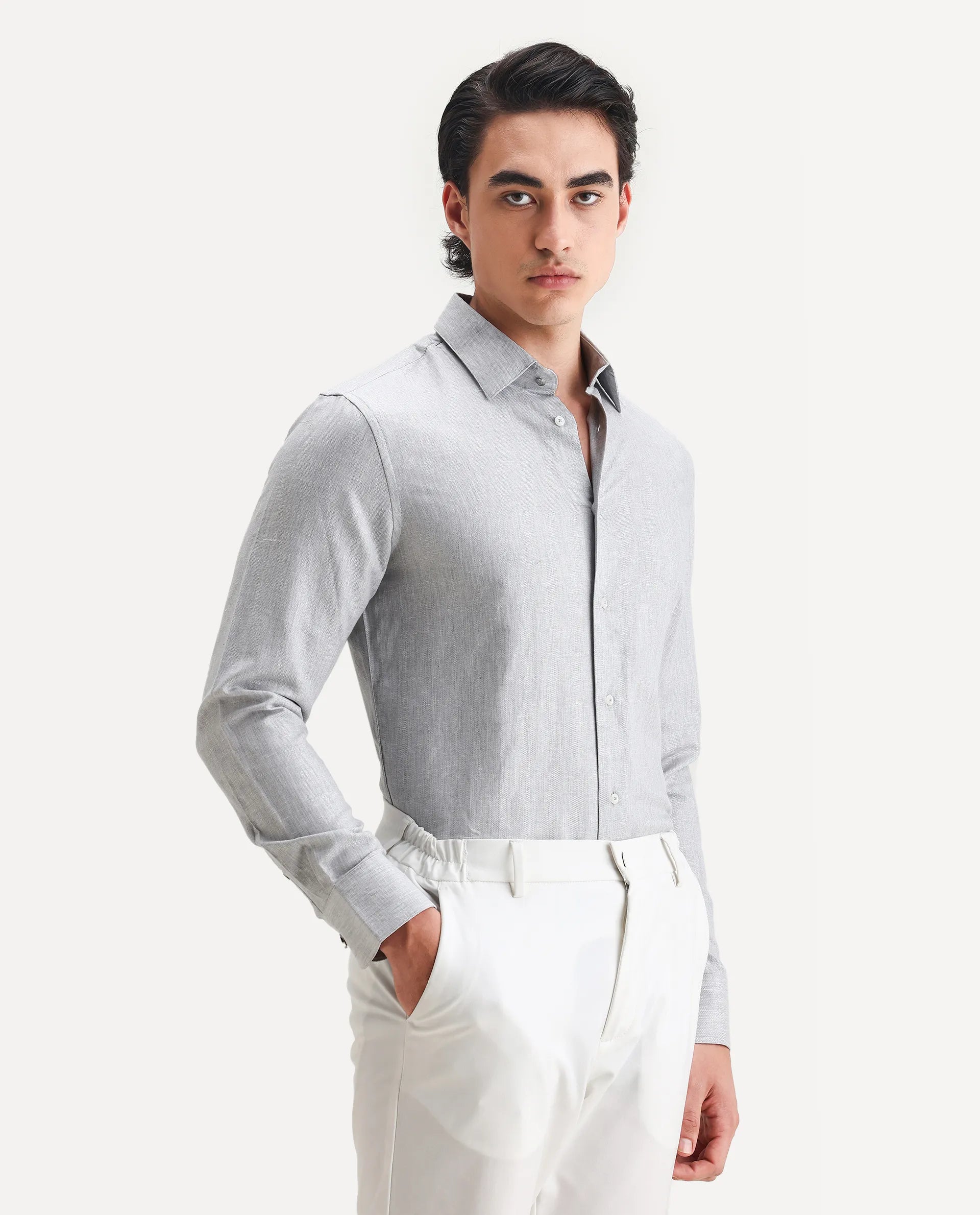 Rare Rabbit Men's Nellor Grey Cotton Plain Regular Fit Full Sleeve Collared Shirt