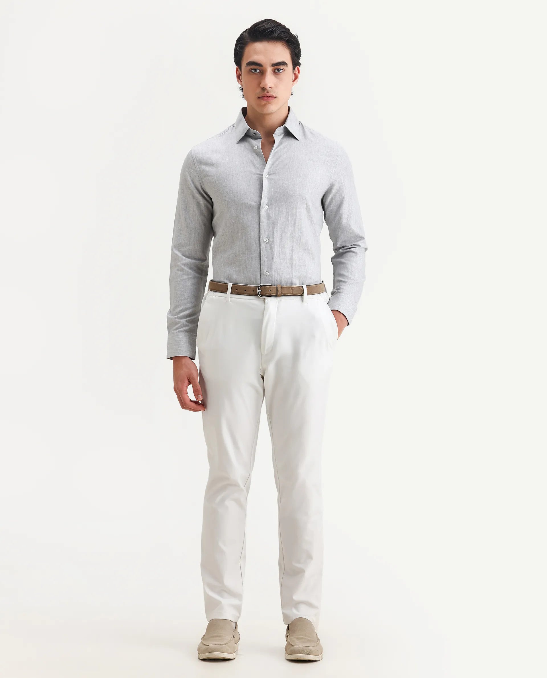 Rare Rabbit Men's Nellor Grey Cotton Plain Regular Fit Full Sleeve Collared Shirt