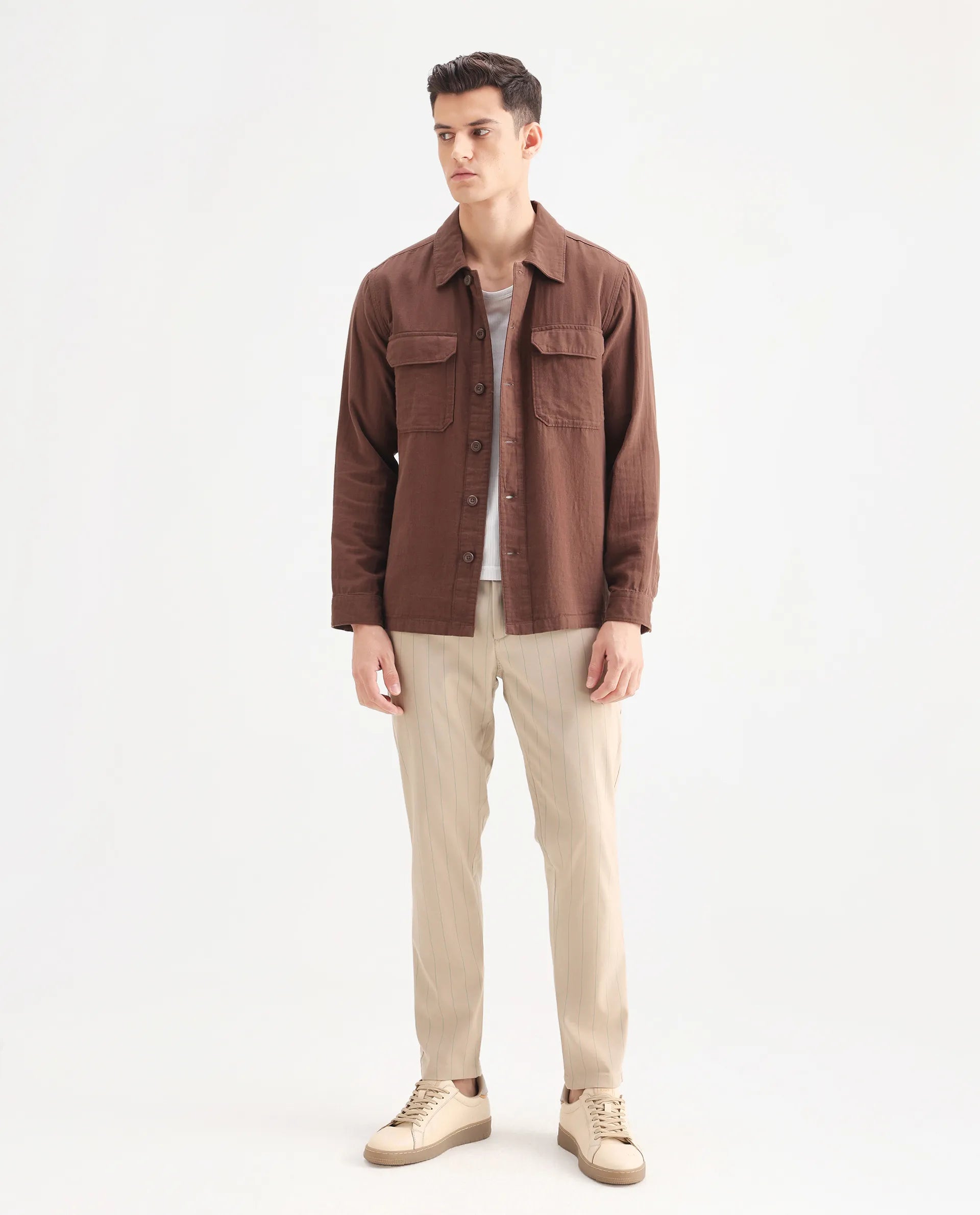 Rare Rabbit Men's Nelo Beige Cotton Striped Print Regular Fit Trouser