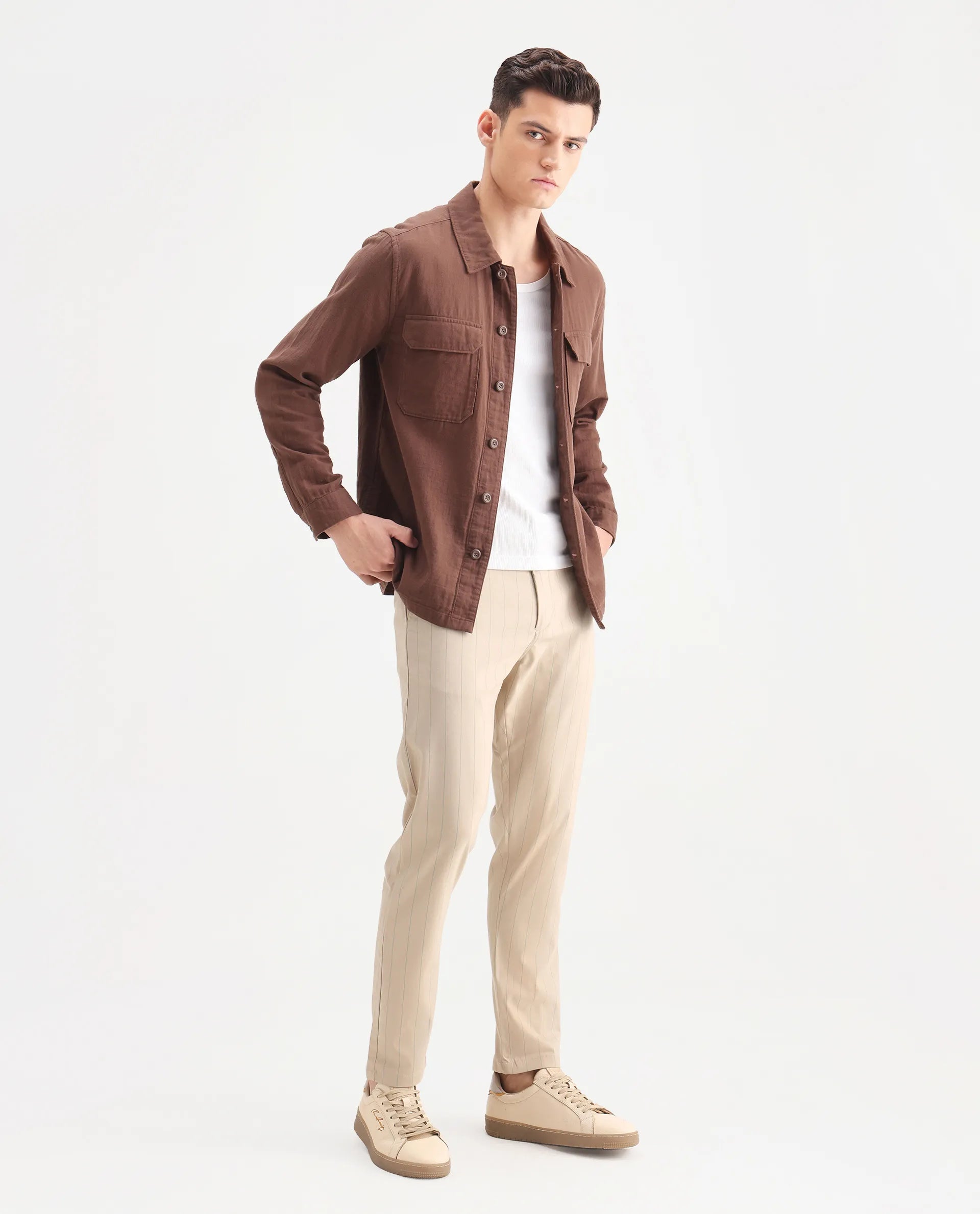 Rare Rabbit Men's Nelo Beige Cotton Striped Print Regular Fit Trouser