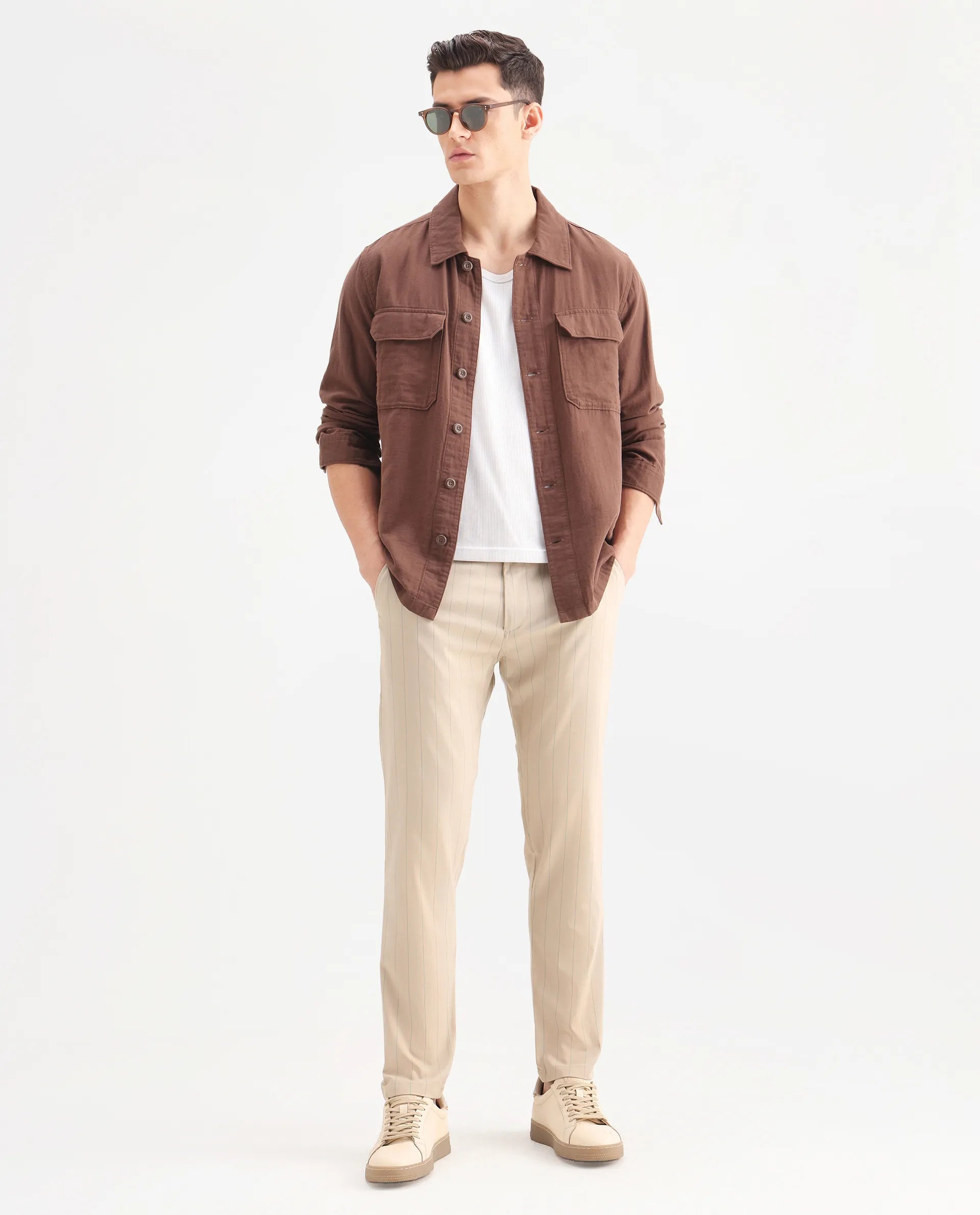 Rare Rabbit Men's Nelo Beige Cotton Striped Print Regular Fit Trouser