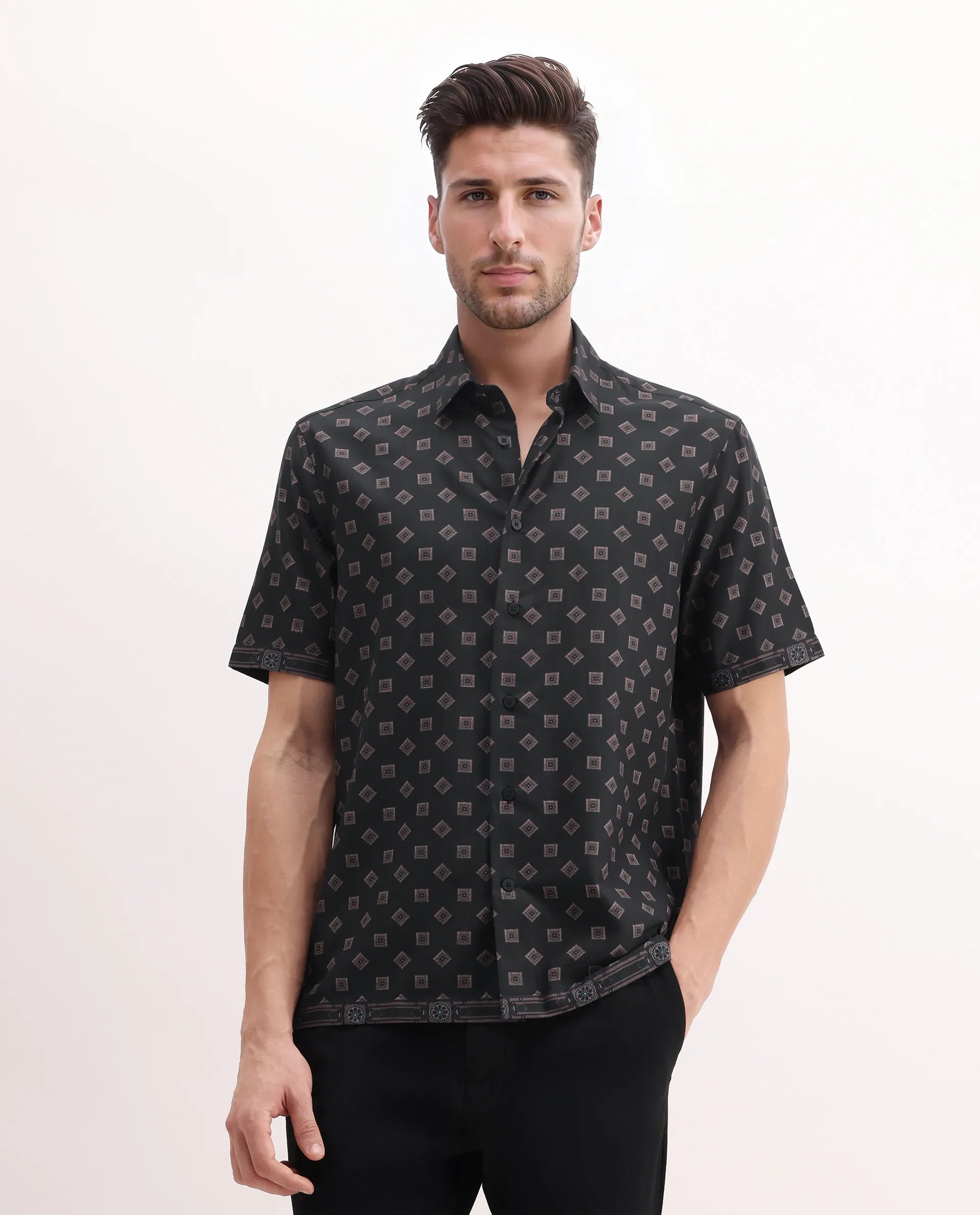 Rare Rabbit Men's Nelo Dusky Brown Viscose Geometric Print Regular Fit Half Sleeve Collared Shirt