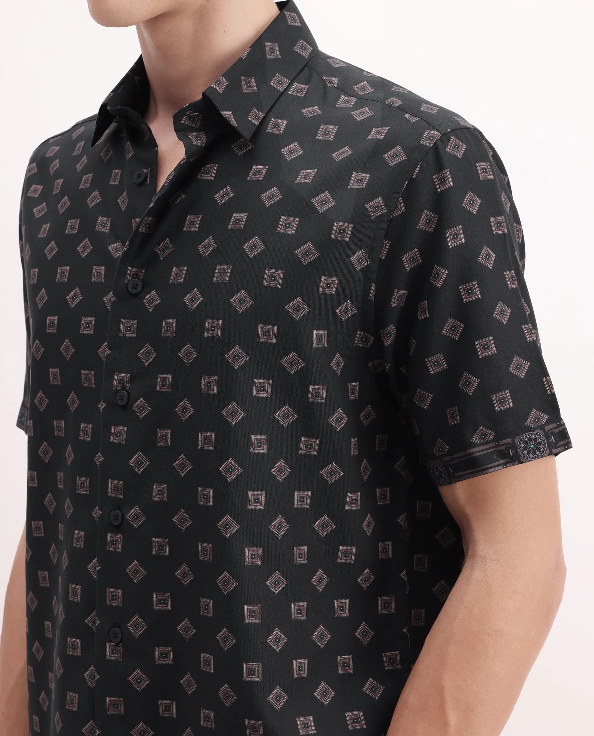 Rare Rabbit Men's Nelo Dusky Brown Viscose Geometric Print Regular Fit Half Sleeve Collared Shirt