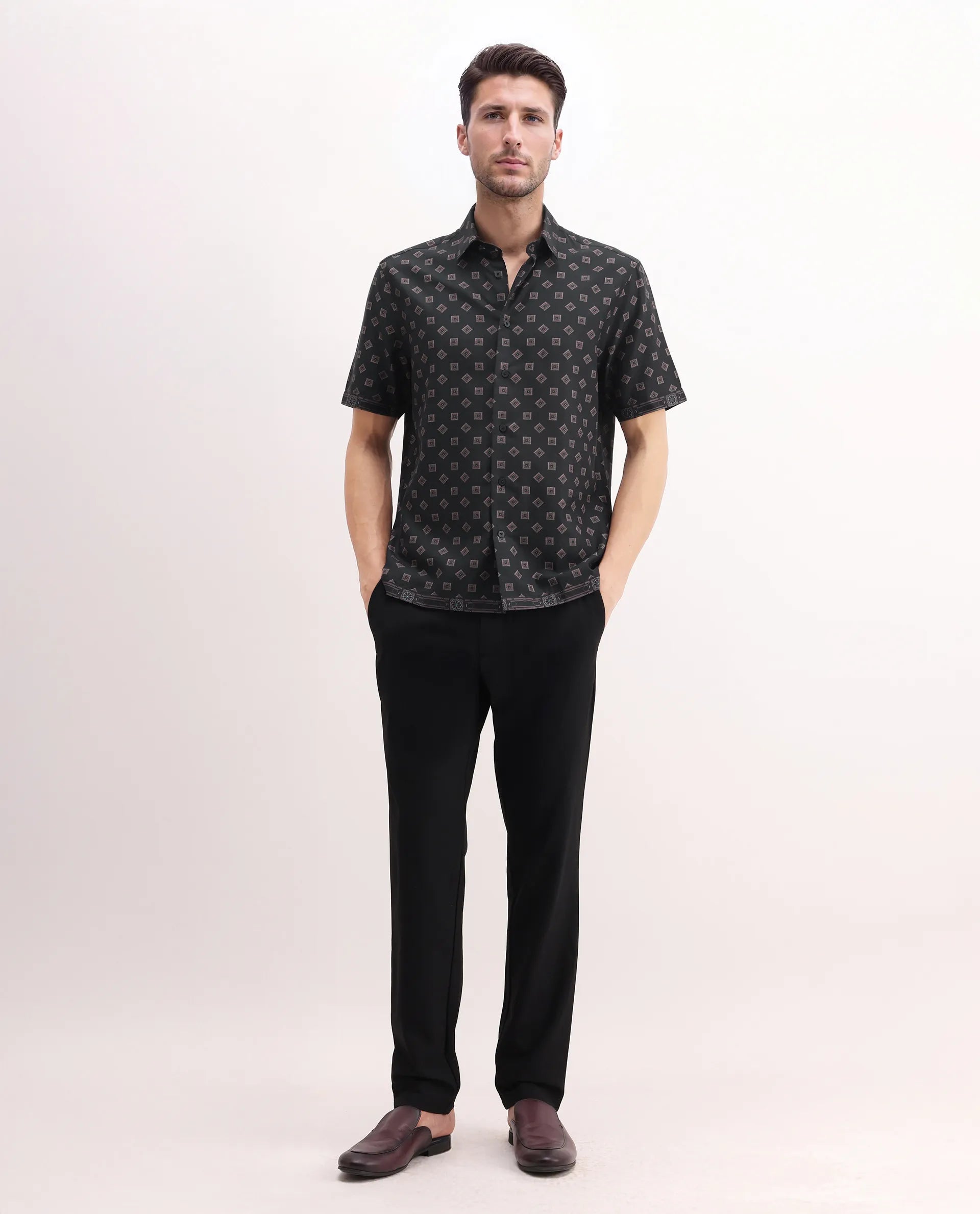 Rare Rabbit Men's Nelo Dusky Brown Viscose Geometric Print Regular Fit Half Sleeve Collared Shirt