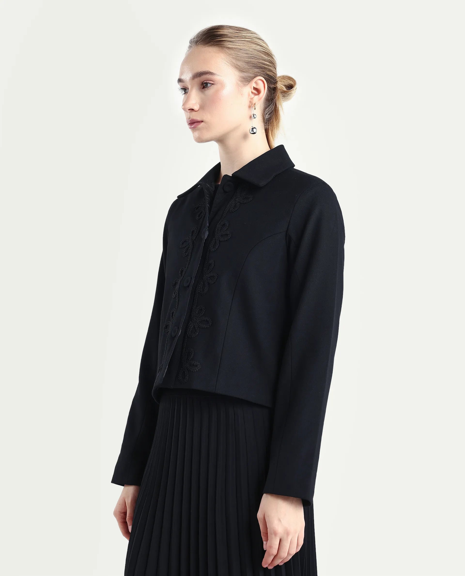 Rareism Women's Nemby Black Polyester Blend Collared Neck Slim Fit Plain Jacket