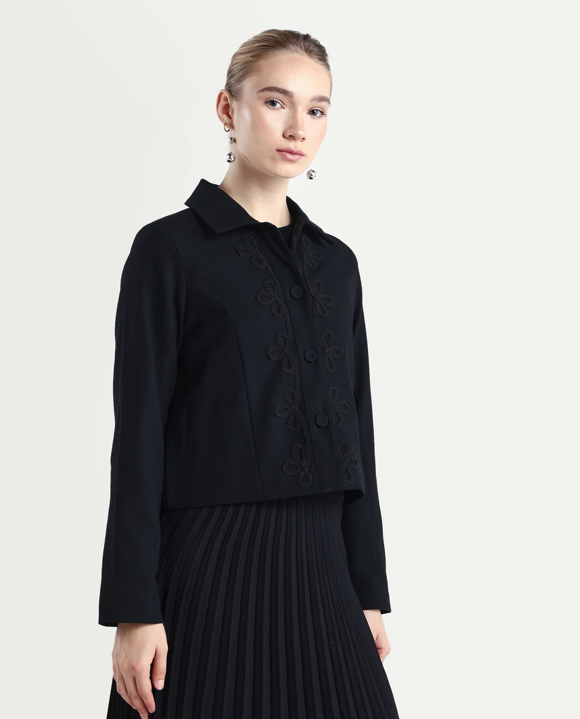 Rareism Women's Nemby Black Polyester Blend Collared Neck Slim Fit Plain Jacket