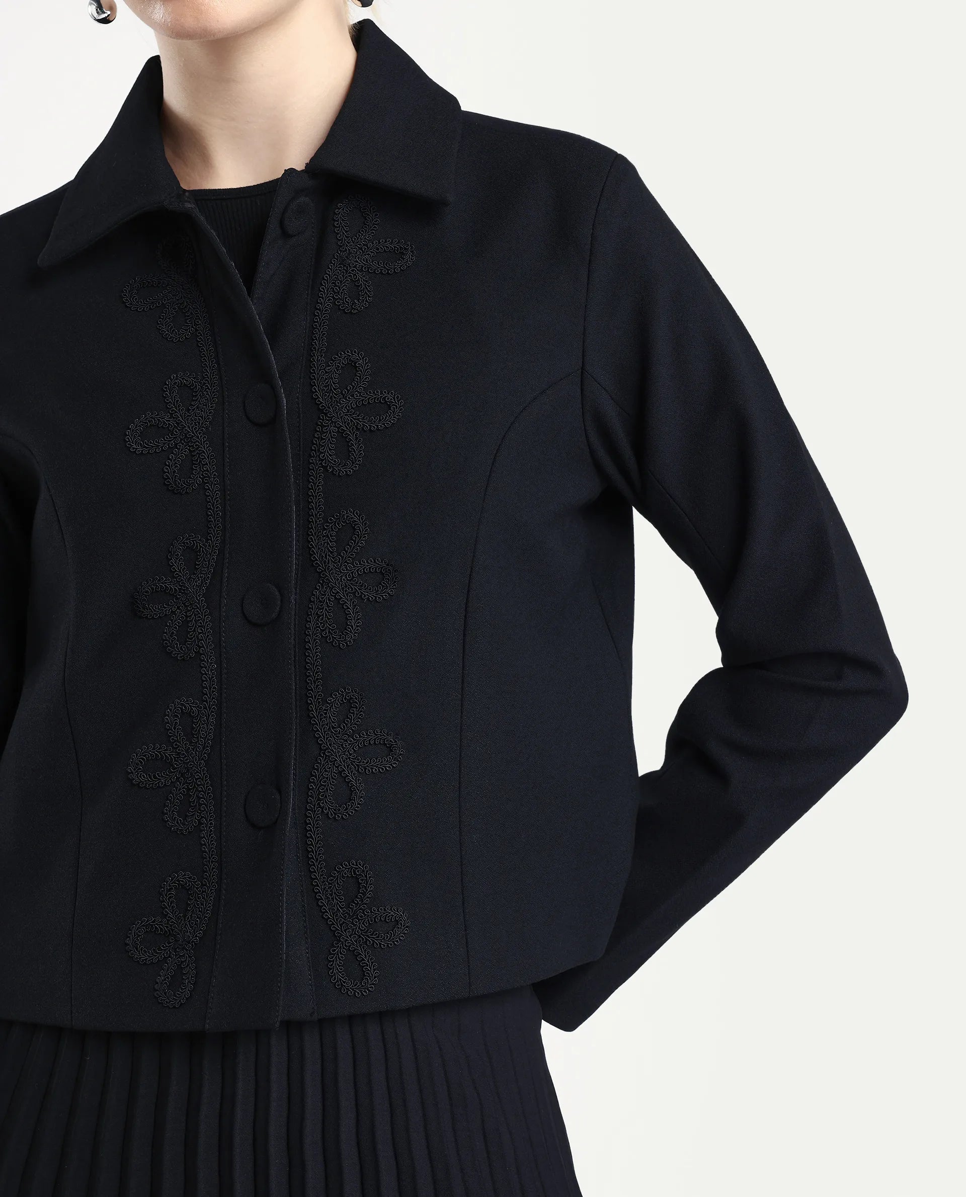 Rareism Women's Nemby Black Polyester Blend Collared Neck Slim Fit Plain Jacket