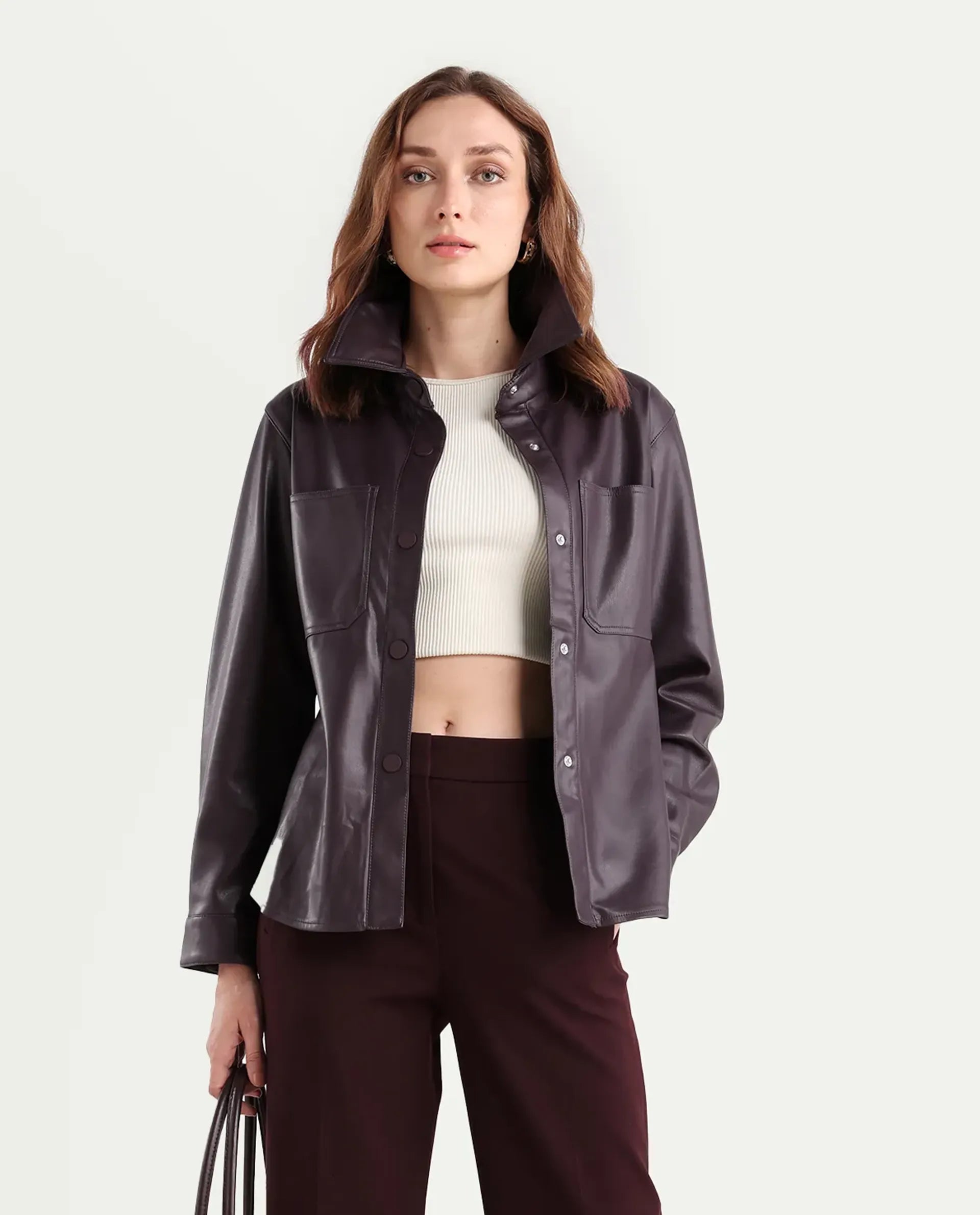 Rareism Women's Nemer Maroon Polyester Spread Collar Plain Cuffed Sleeve Boxy Fit Jacket