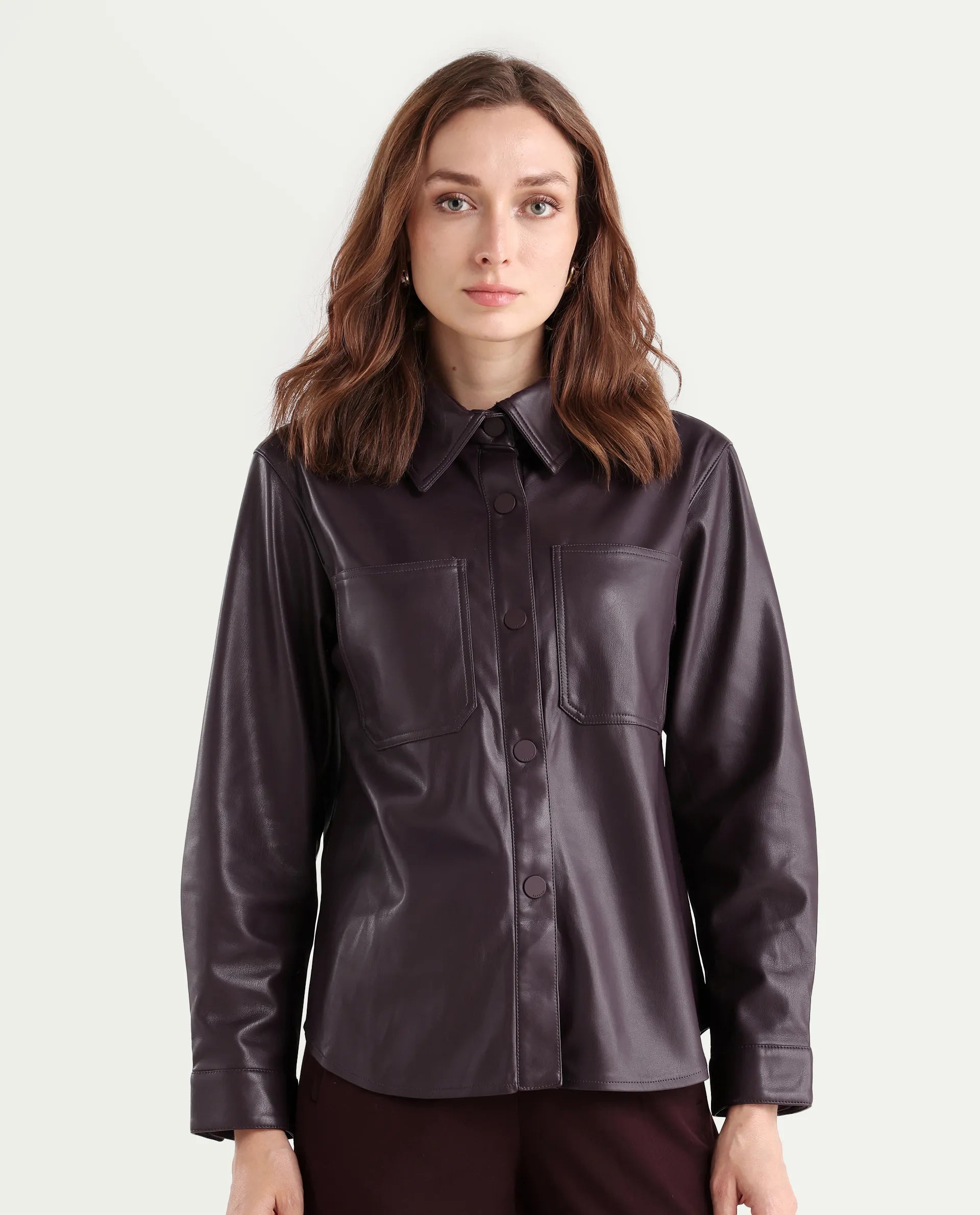 Rareism Women's Nemer Maroon Polyester Spread Collar Plain Cuffed Sleeve Boxy Fit Jacket