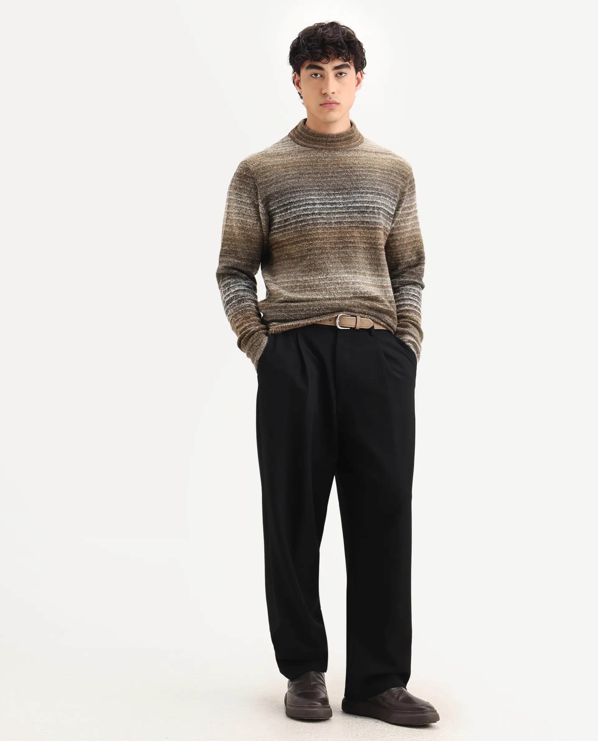 Rare Rabbit Men's Nemo Light Beige Acrylic Color Block Regular Fit Full Sleeve Crew Neck Sweater
