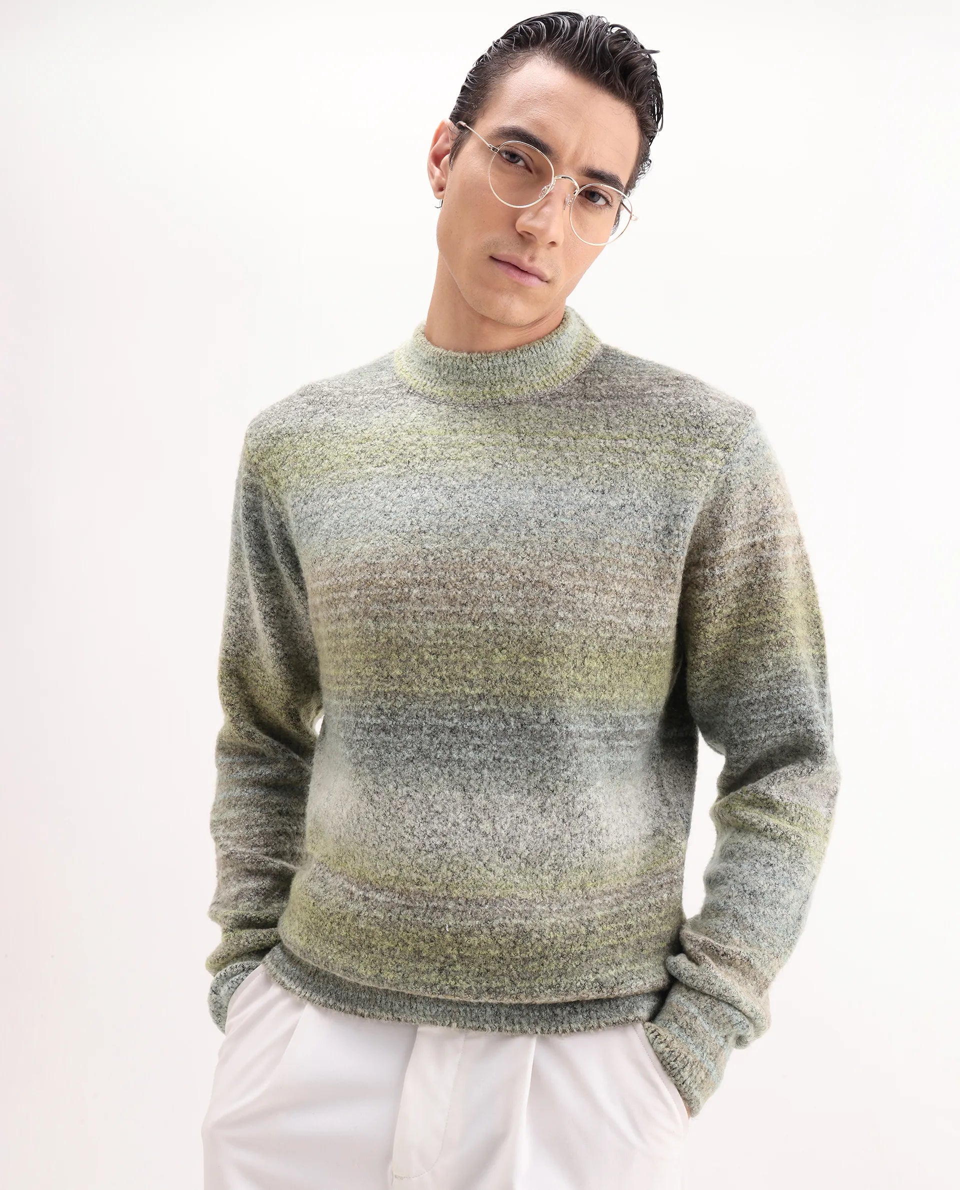 Rare Rabbit Men's Nemot Light Green Acrylic Colorblock Regular Fit Full Sleeve Crew Neck Sweater