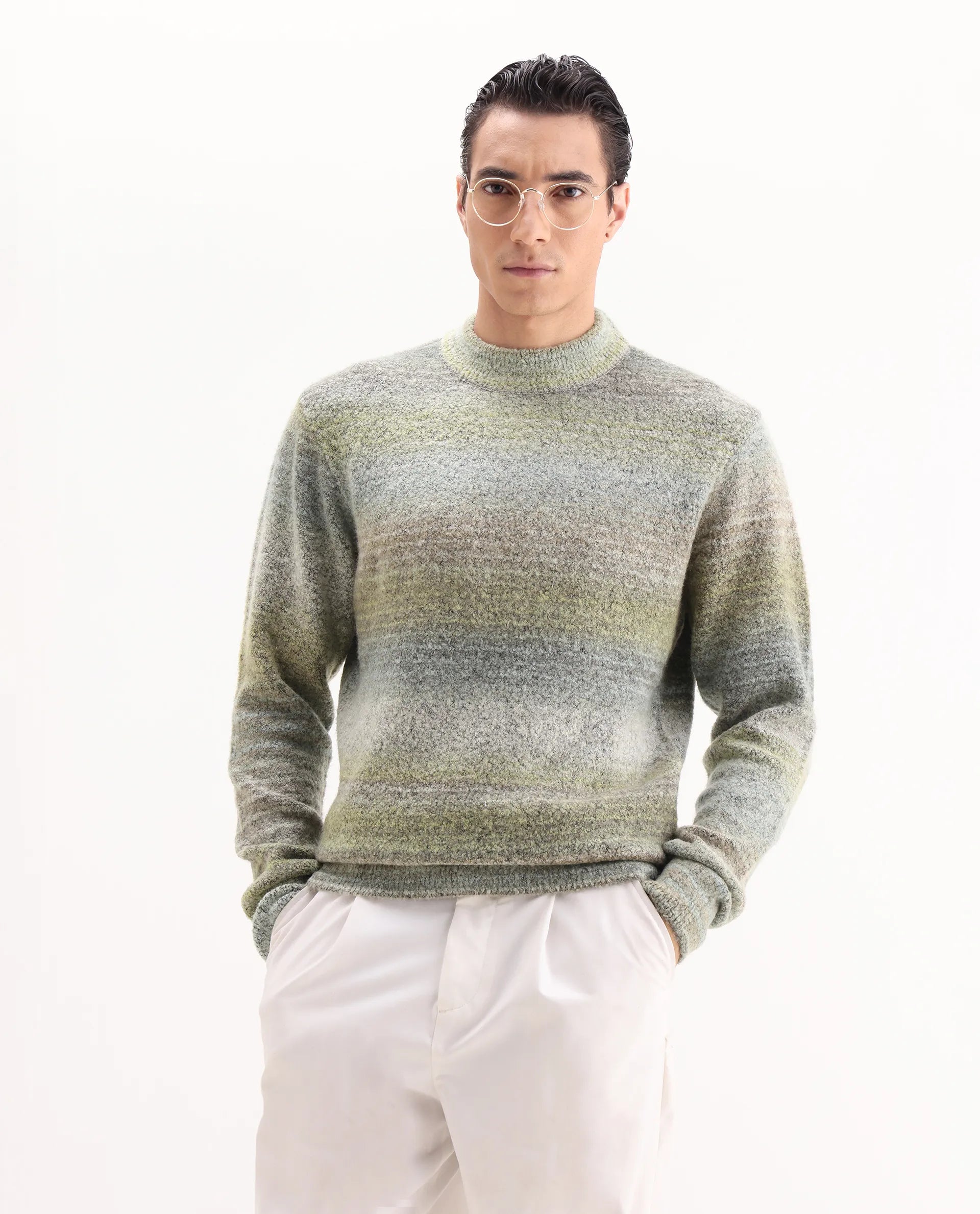 Rare Rabbit Men's Nemot Light Green Acrylic Colorblock Regular Fit Full Sleeve Crew Neck Sweater