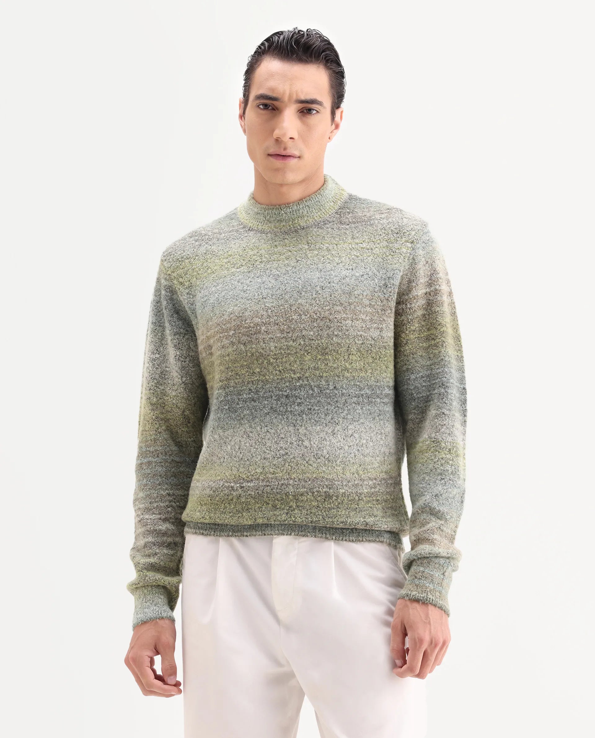 Rare Rabbit Men's Nemot Light Green Acrylic Colorblock Regular Fit Full Sleeve Crew Neck Sweater