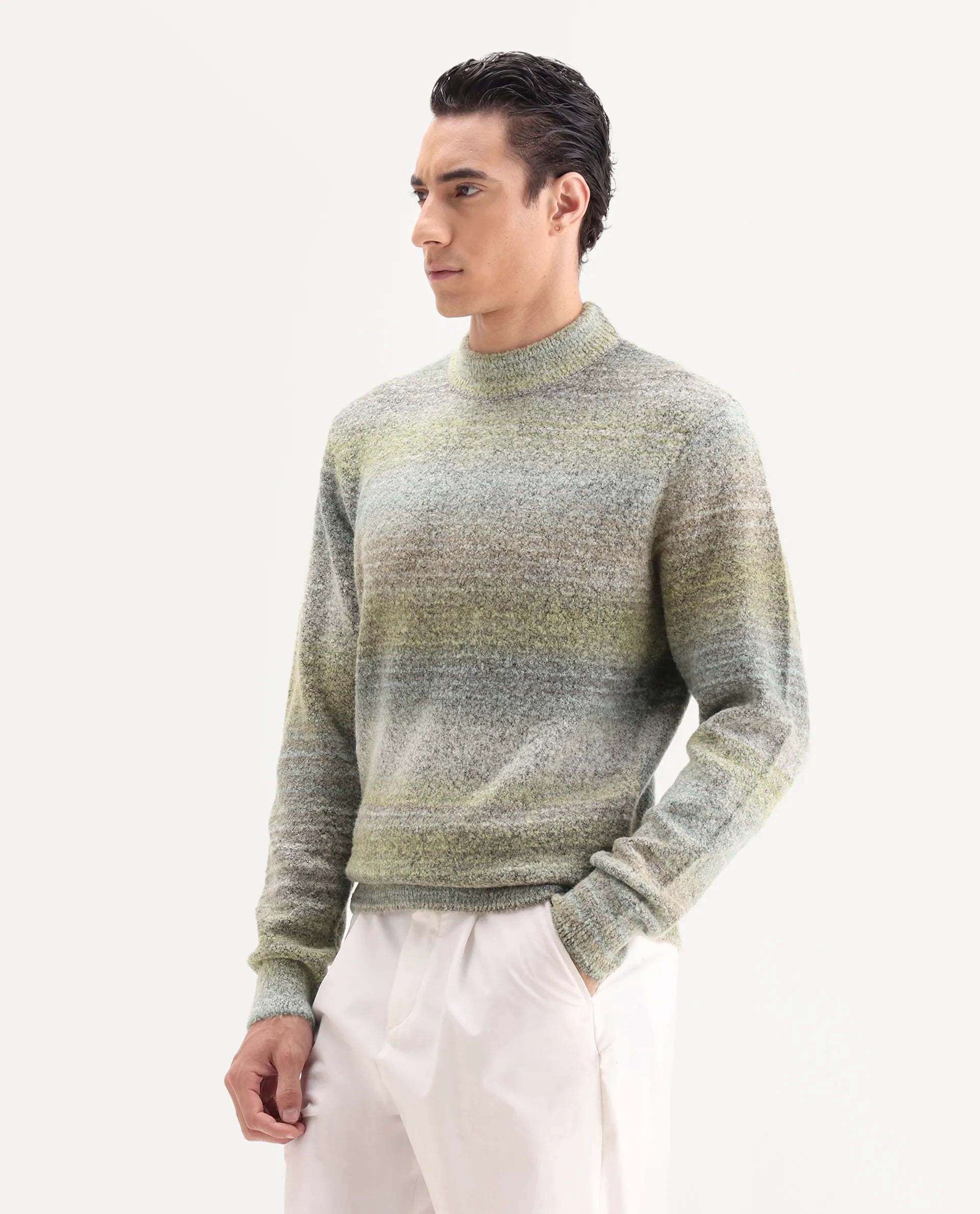 Rare Rabbit Men's Nemot Light Green Acrylic Colorblock Regular Fit Full Sleeve Crew Neck Sweater