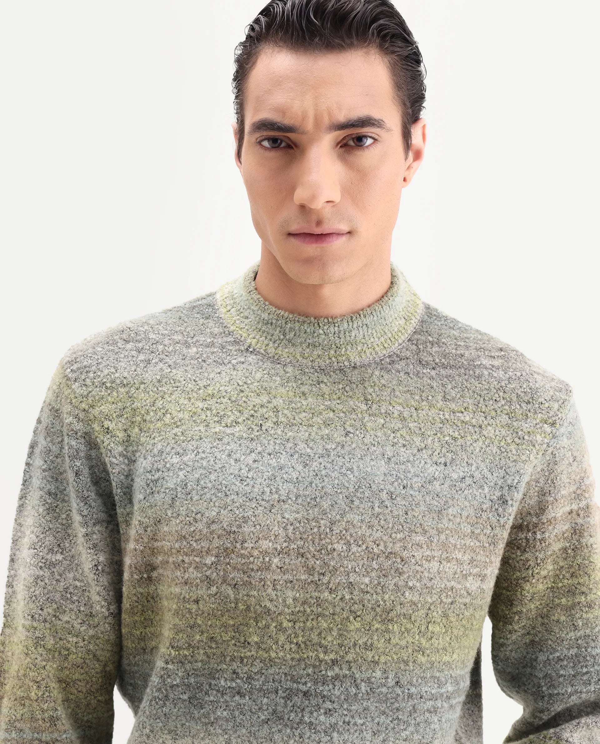 Rare Rabbit Men's Nemot Light Green Acrylic Colorblock Regular Fit Full Sleeve Crew Neck Sweater