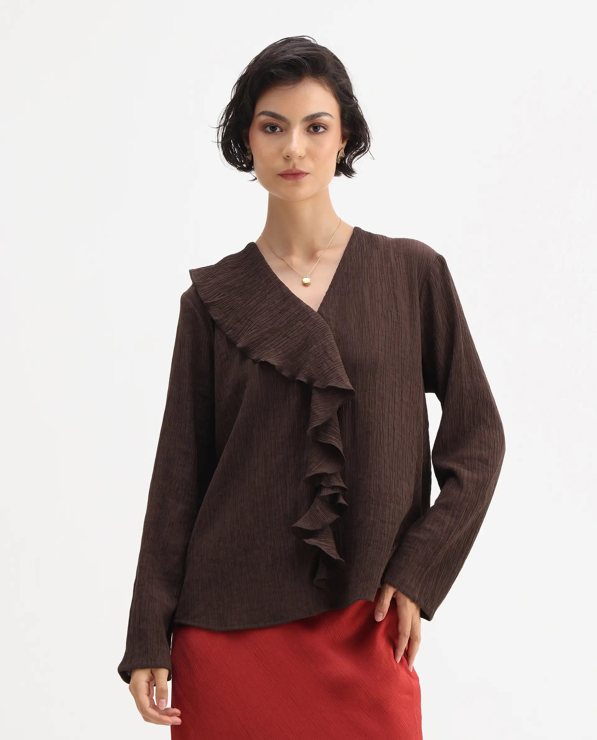 Rareism Women's Nemti-Brown Viscose Blend Ruffled Neck Regular Fit Plain Top