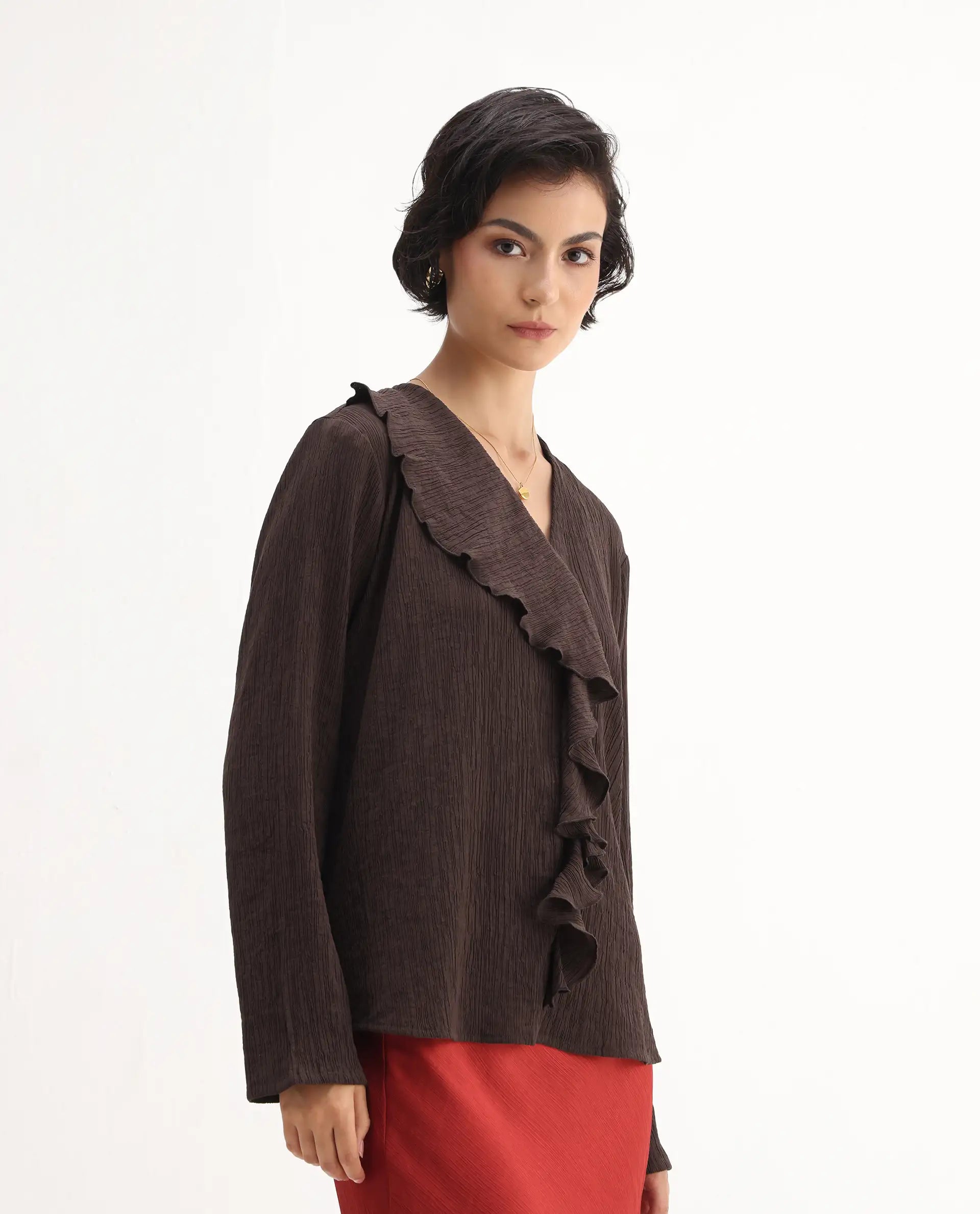 Rareism Women's Nemti-Brown Viscose Blend Ruffled Neck Regular Fit Plain Top