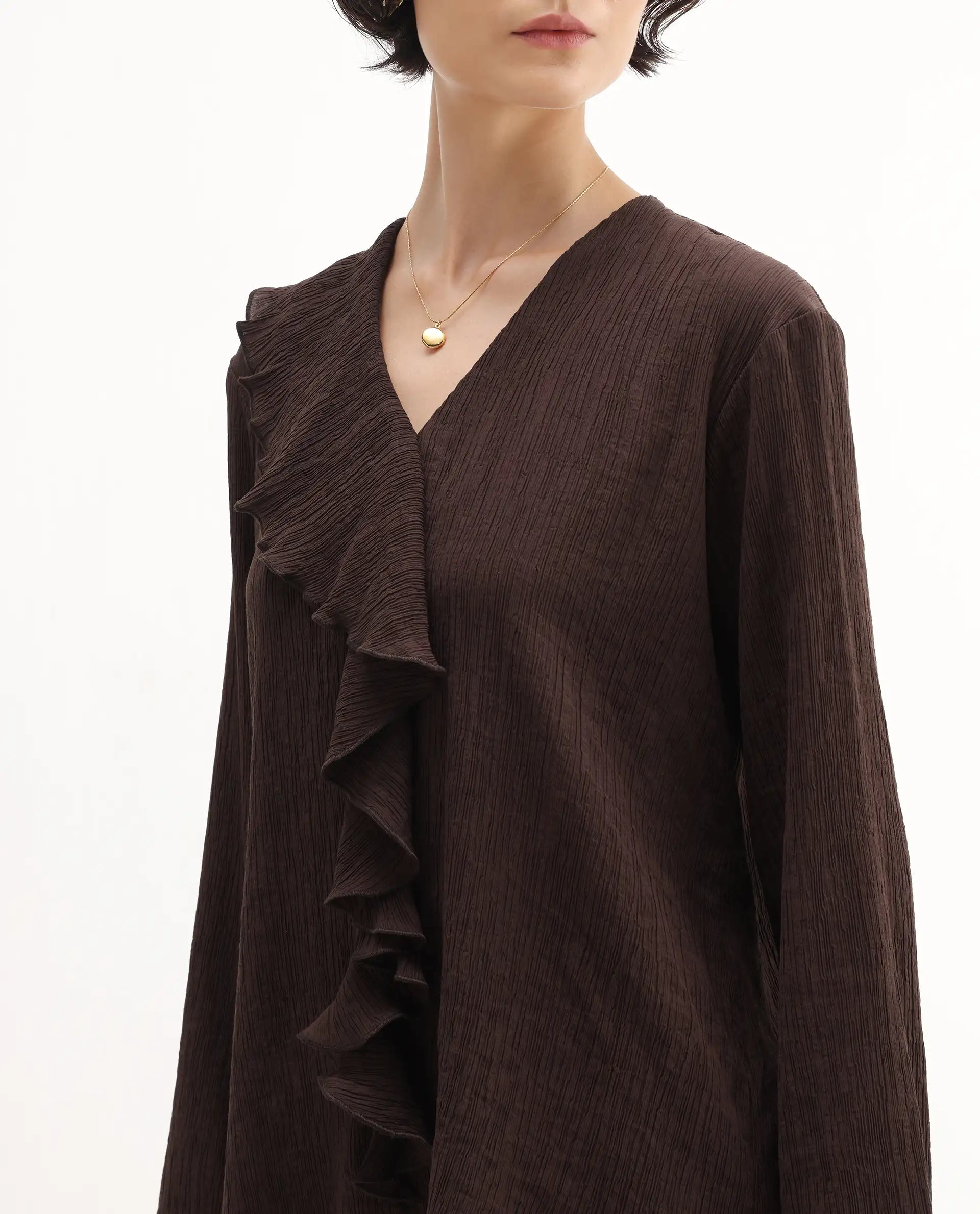 Rareism Women's Nemti-Brown Viscose Blend Ruffled Neck Regular Fit Plain Top