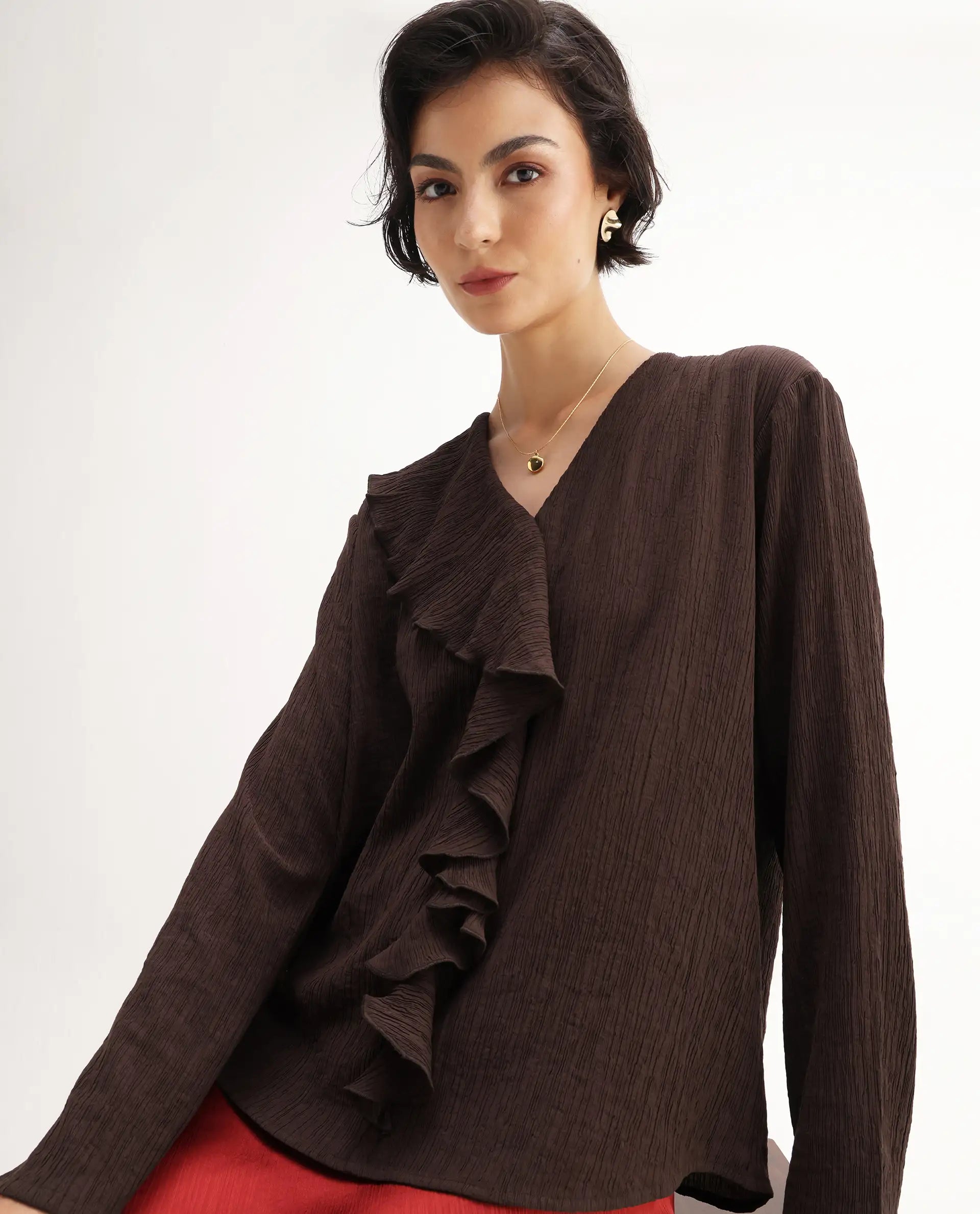 Rareism Women's Nemti-Brown Viscose Blend Ruffled Neck Regular Fit Plain Top