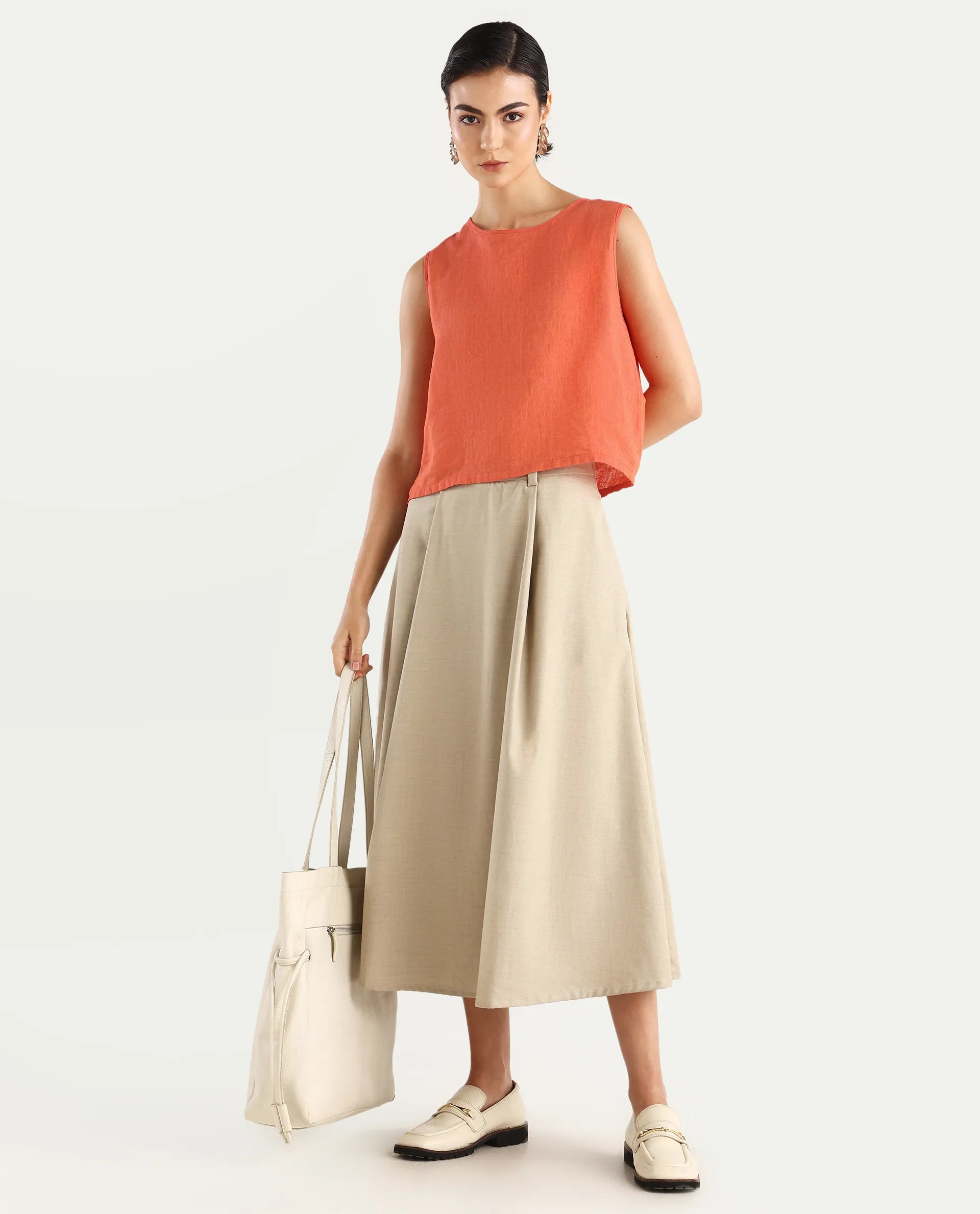 Rareism Women's Nenk Orange Linen Sleeveless Crew Neck Regular Fit Plain Top