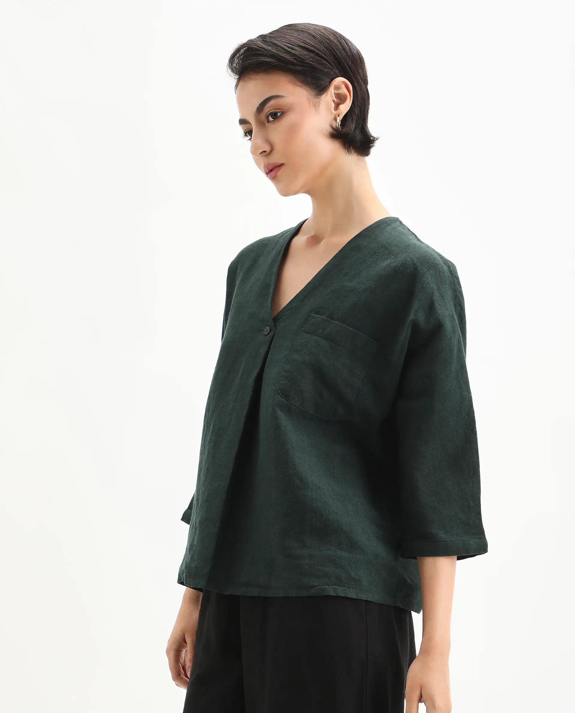 Rareism Women's Nenma Dark Green 100% Linen Kimono Sleeve V-Neck Relaxed Fit Plain Top