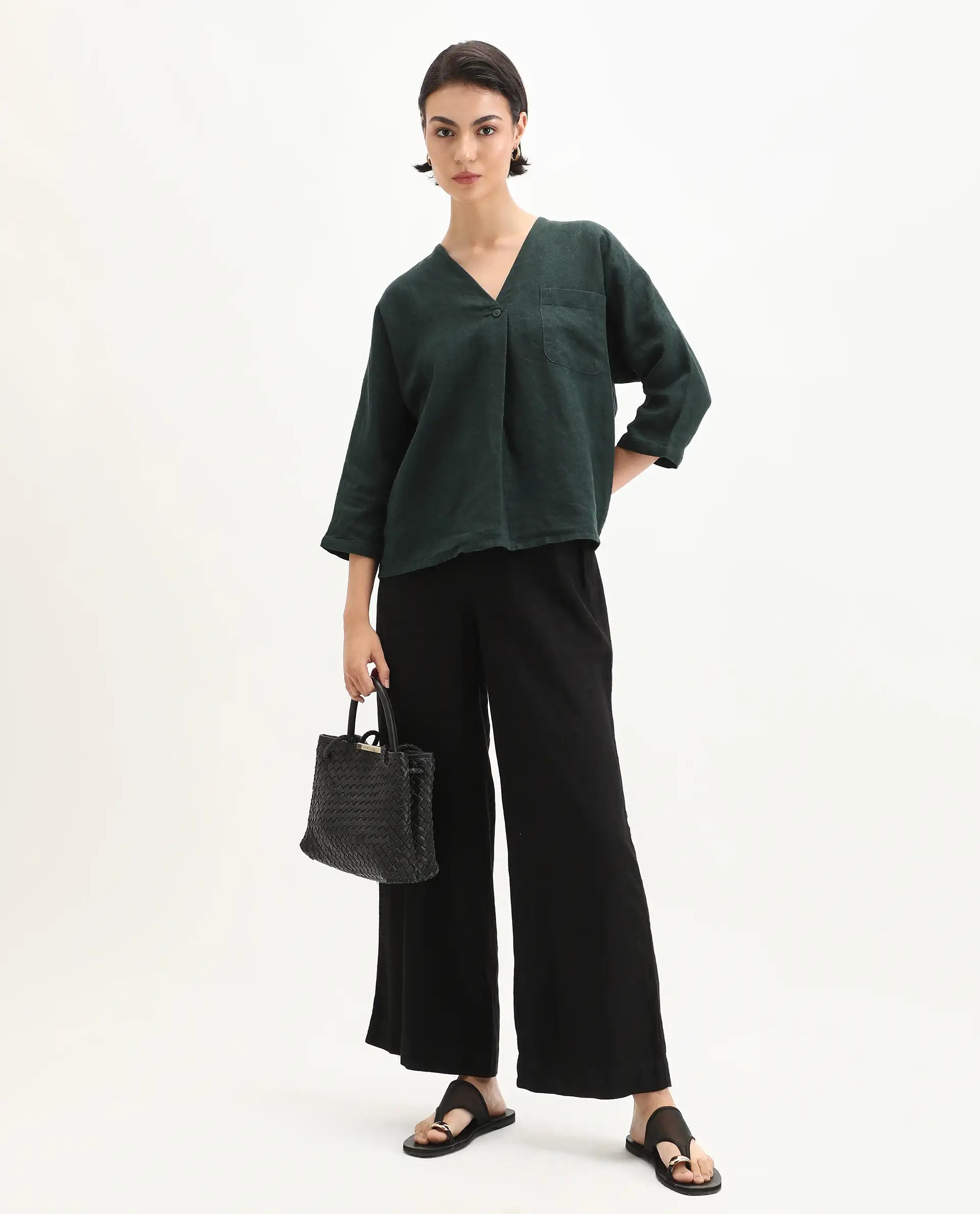 Rareism Women's Nenma Dark Green 100% Linen Kimono Sleeve V-Neck Relaxed Fit Plain Top