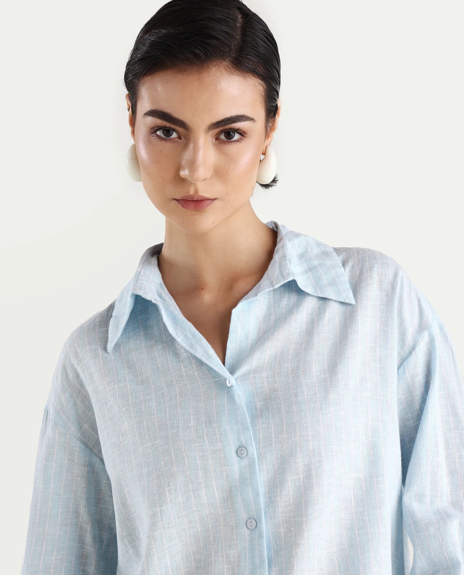 Rareism Women's Nenora Light Blue Linen Spread Collar Boxy Fit Shirt