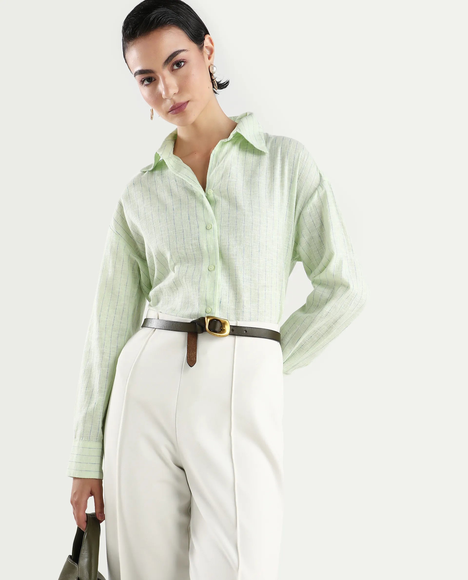 Rareism Women's Nenora Light Green 100% Linen Spread Collar Boxy Fit Shirt