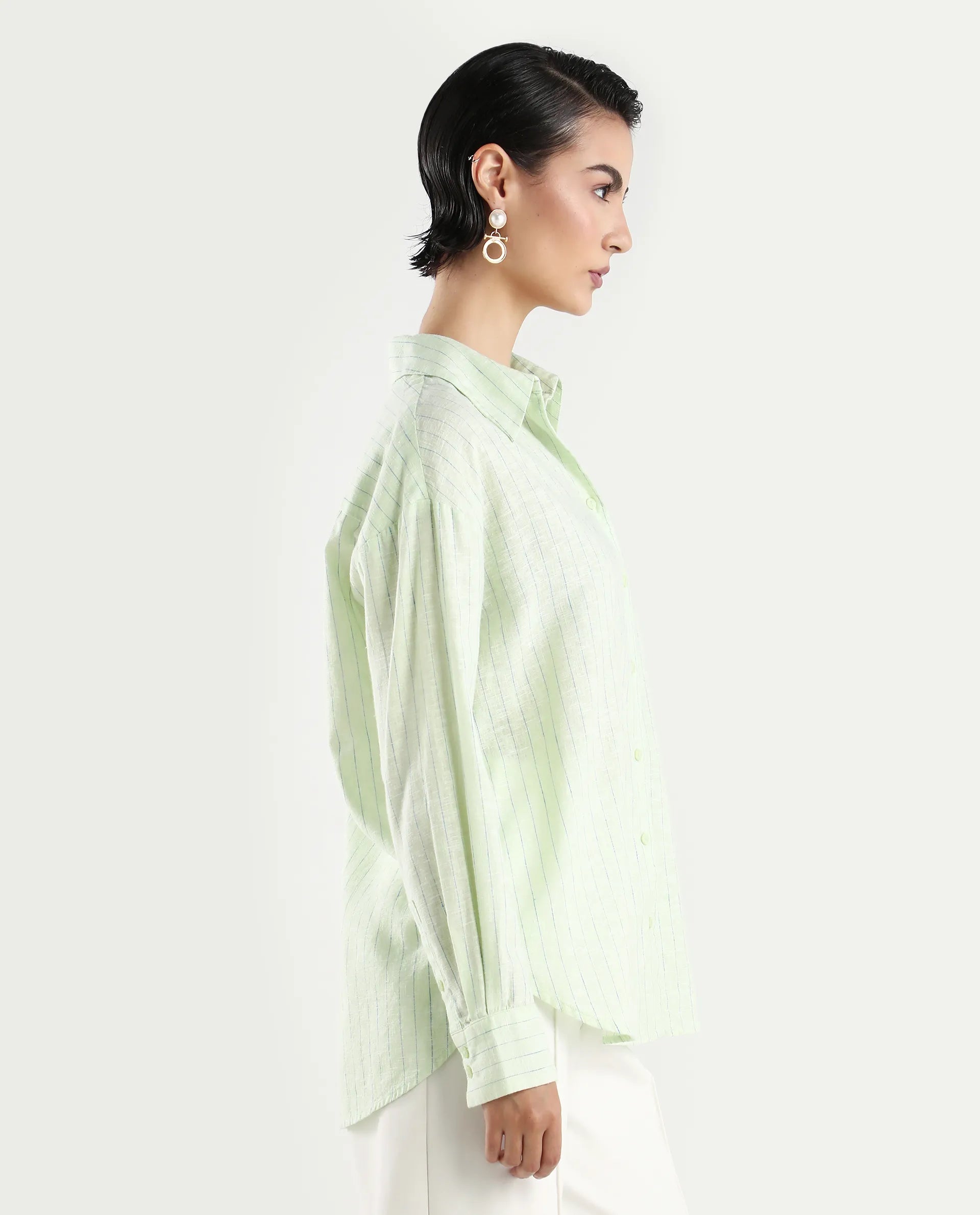Rareism Women's Nenora Light Green 100% Linen Spread Collar Boxy Fit Shirt