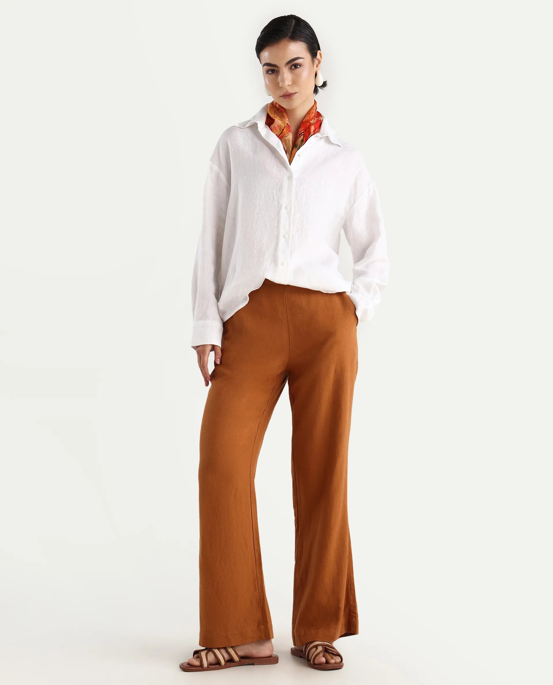 Rareism Women's Nenorat White Linen Spread Collar Boxy Fit Shirt