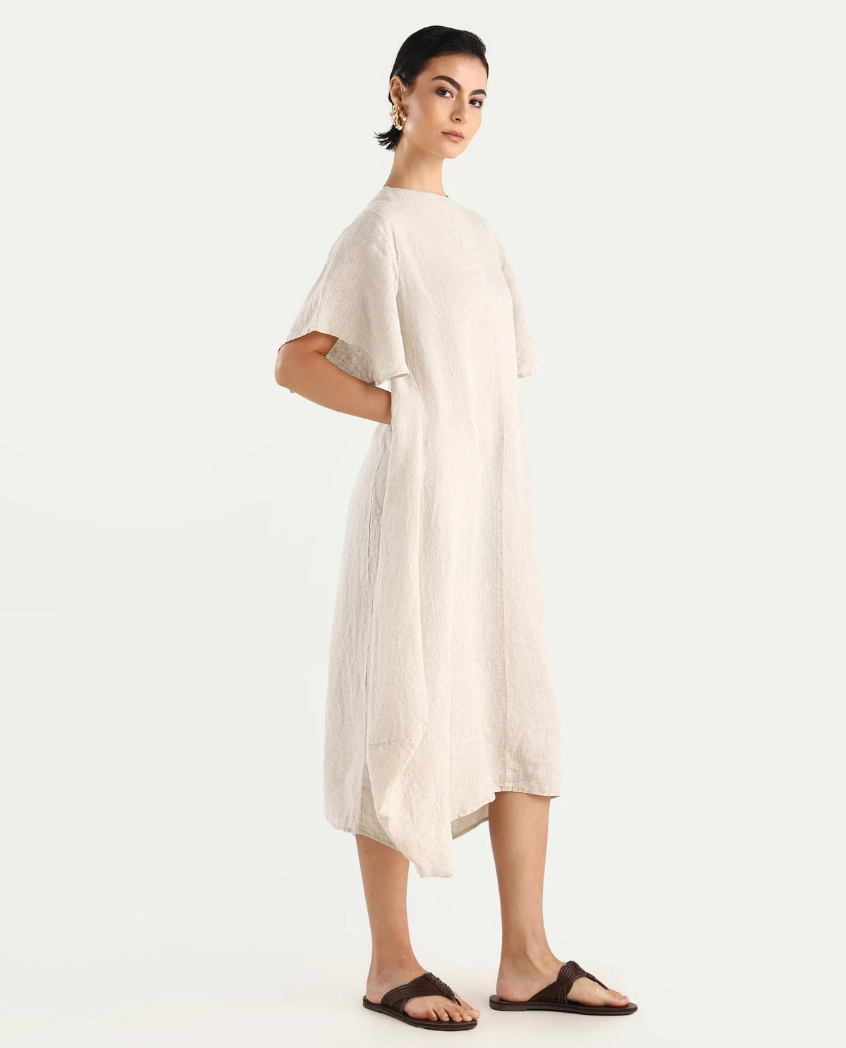 Rareism Women's Nensy Dark Beige 100% Linen Crew Neck Relaxed Fit Plain Dress