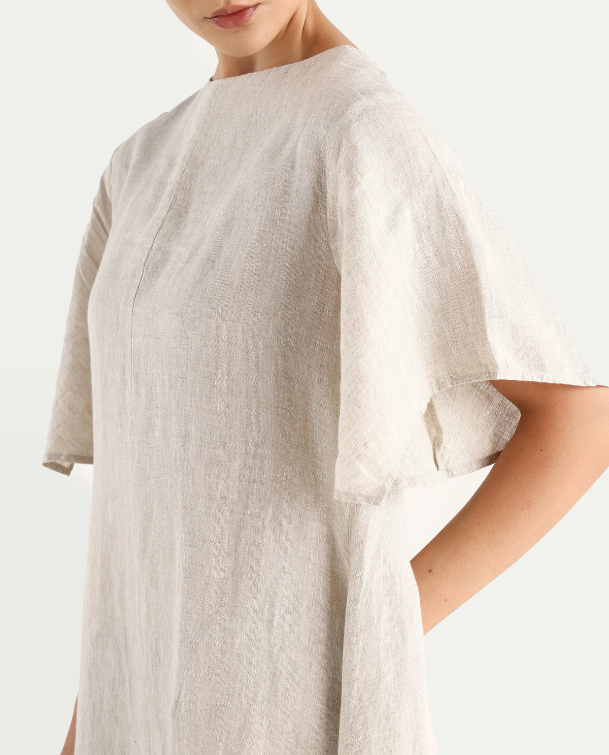 Rareism Women's Nensy Dark Beige 100% Linen Crew Neck Relaxed Fit Plain Dress