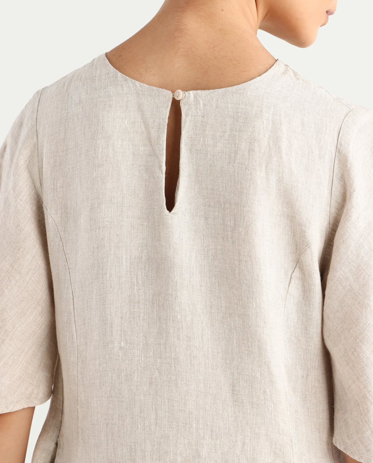 Rareism Women's Nensy Dark Beige 100% Linen Crew Neck Relaxed Fit Plain Dress