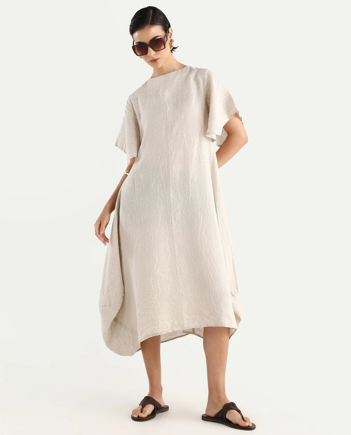 Rareism Women's Nensy Dark Beige 100% Linen Crew Neck Relaxed Fit Plain Dress
