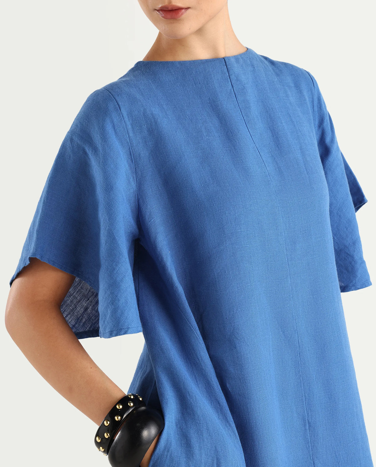 Rareism Women's Nensyt Blue 100% Linen Crew Neck Relaxed Fit Plain Dress