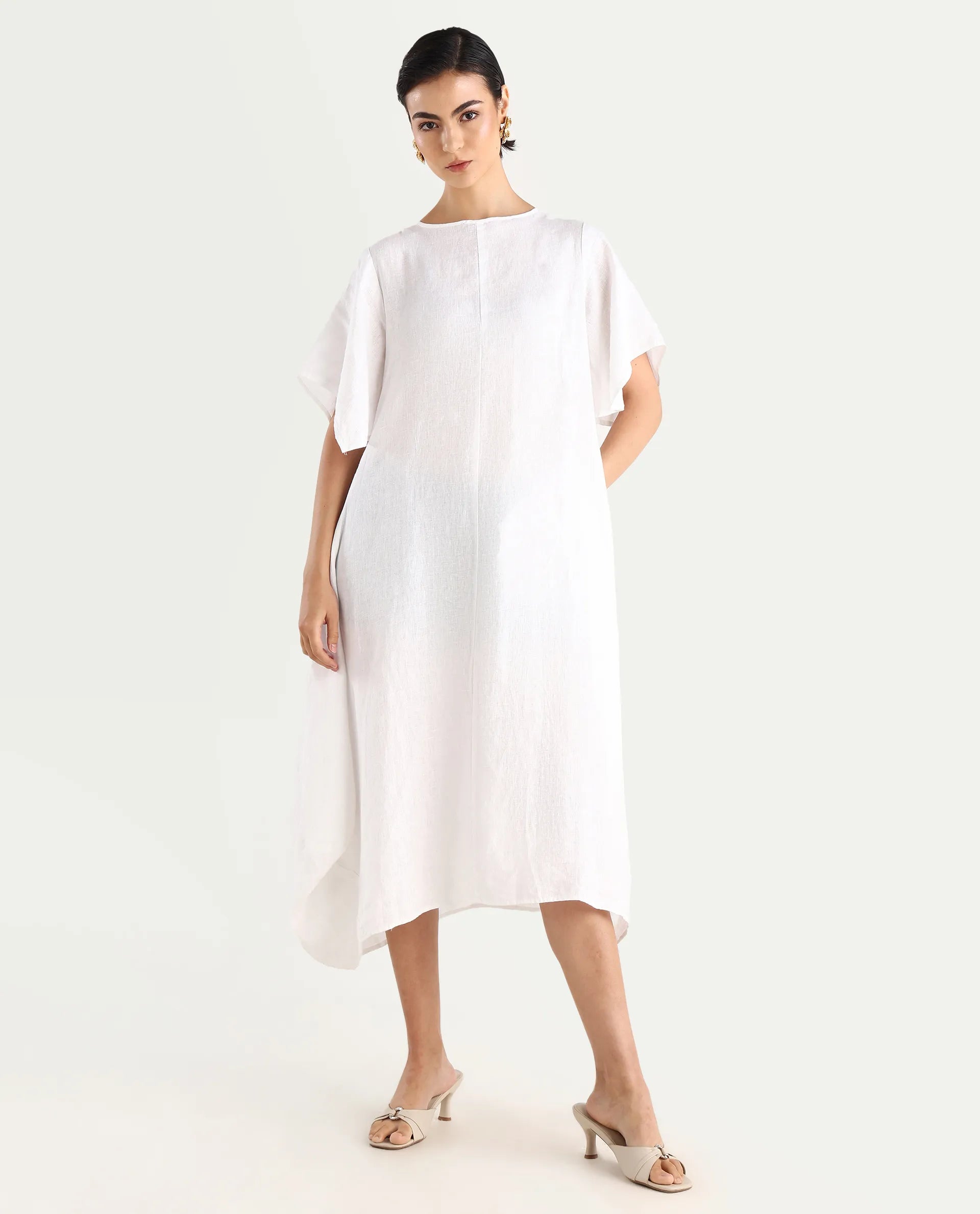 Rareism Women's Nensy White 100% Linen Crew Neck Relaxed Fit Plain Dress