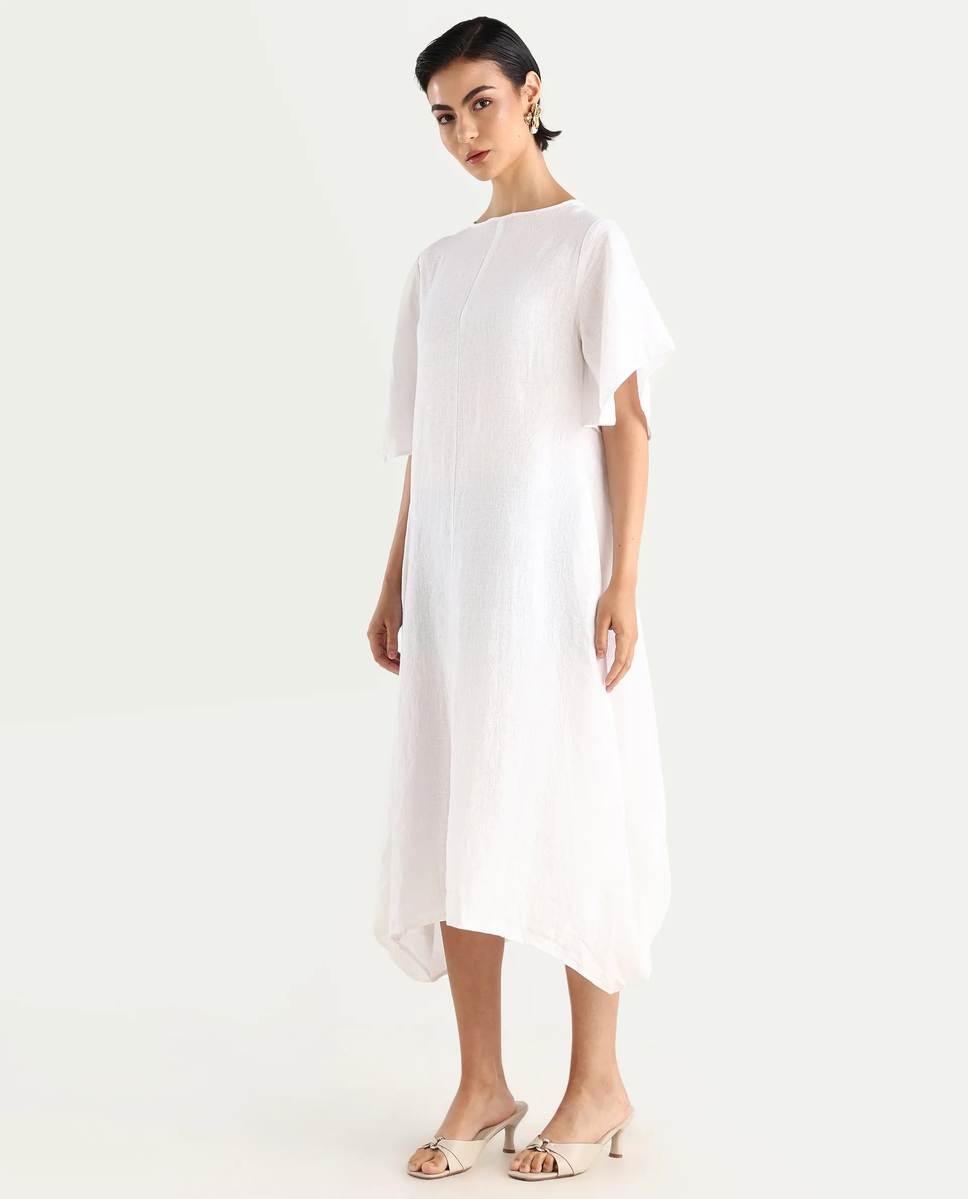 Rareism Women's Nensy White 100% Linen Crew Neck Relaxed Fit Plain Dress