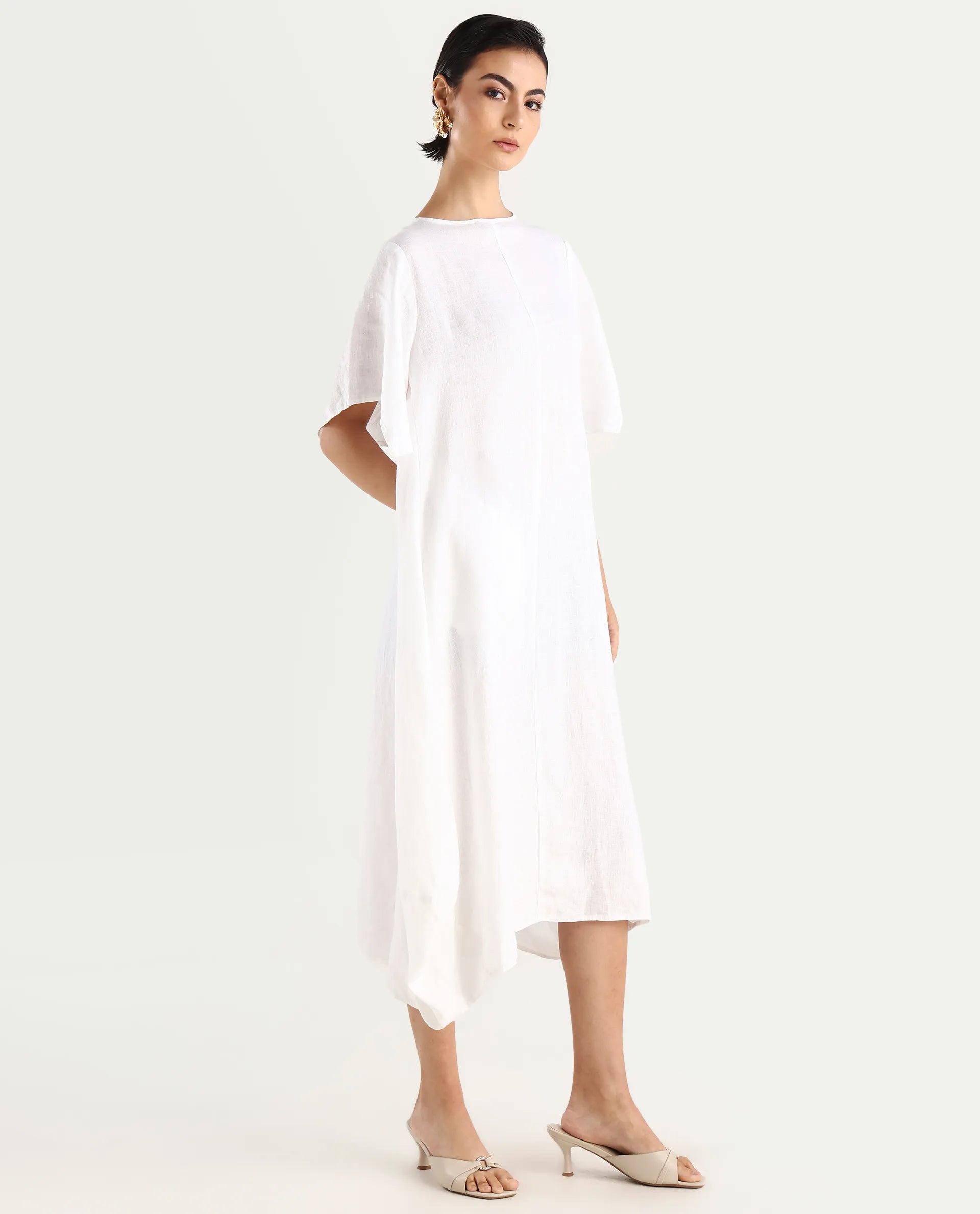 Rareism Women's Nensy White 100% Linen Crew Neck Relaxed Fit Plain Dress