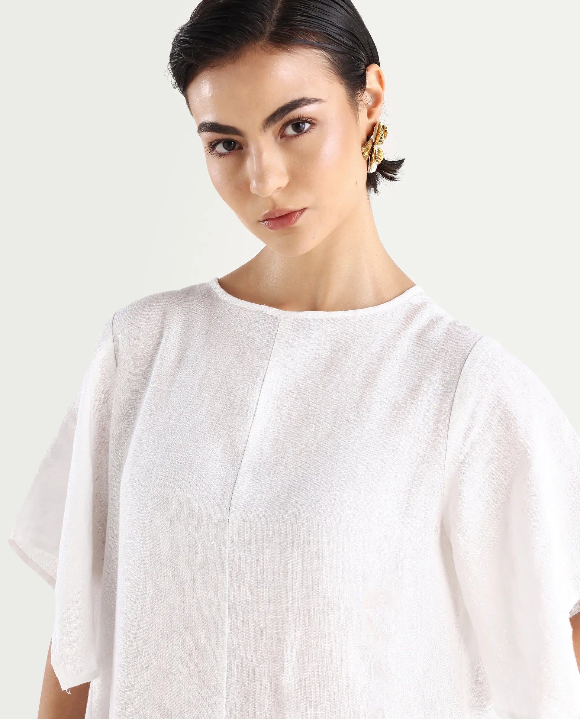 Rareism Women's Nensy White 100% Linen Crew Neck Relaxed Fit Plain Dress