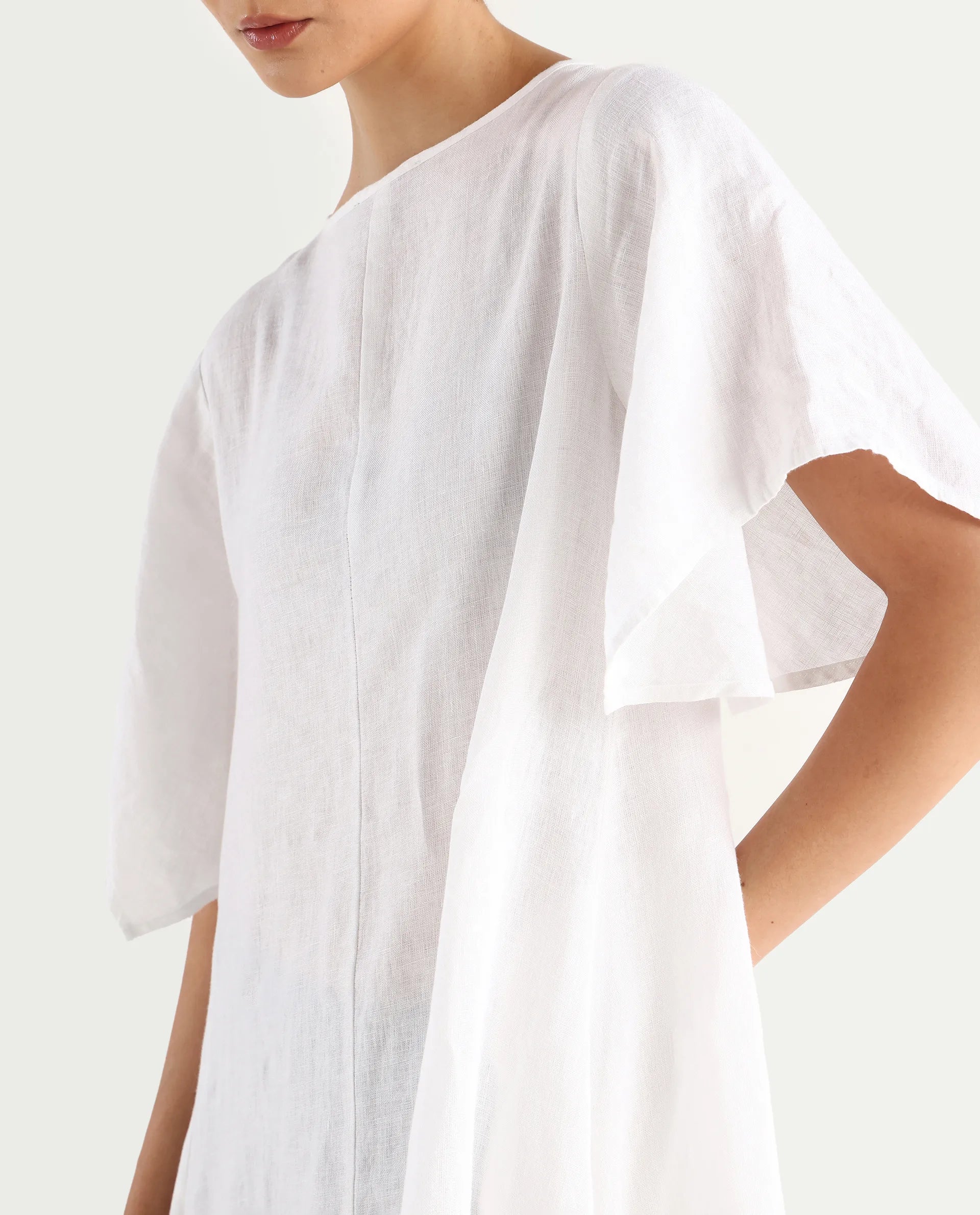 Rareism Women's Nensy White 100% Linen Crew Neck Relaxed Fit Plain Dress