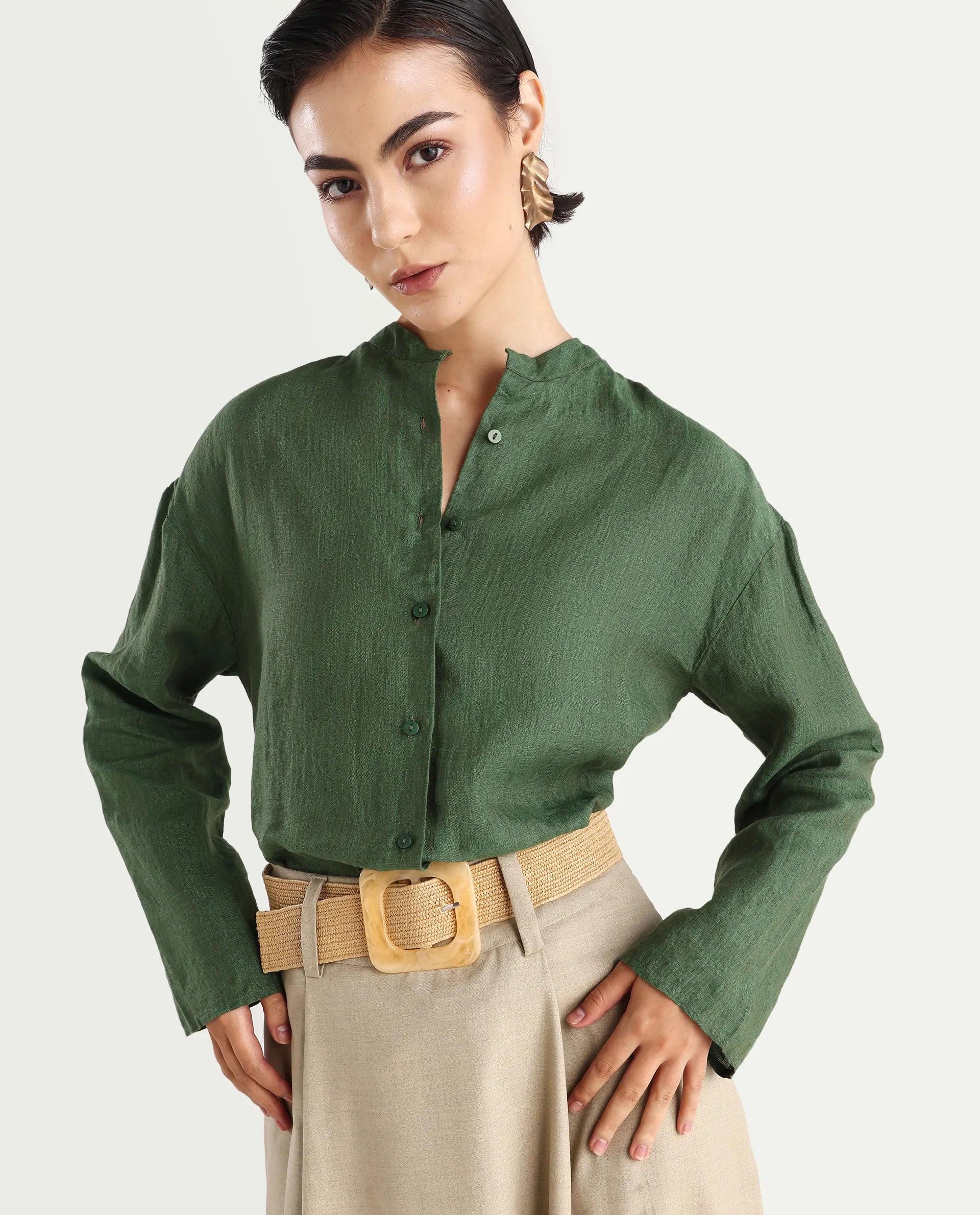 Rareism Women's Nent Dusky Green 100% Linen Mandarin Collar Regular Fit Top