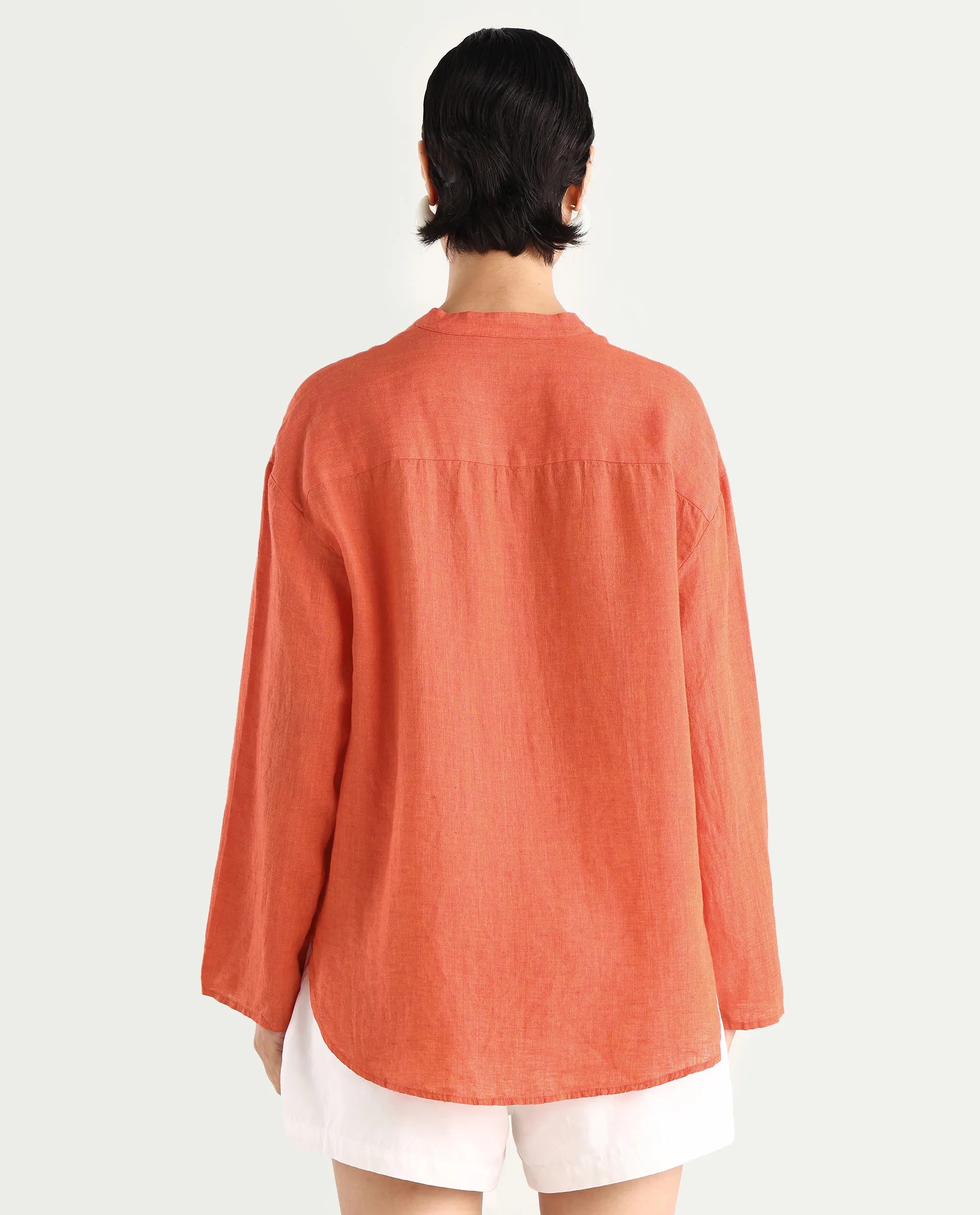 Rareism Women's Nent Orange 100% Linen Mandarin Collar Regular Fit Plain Top