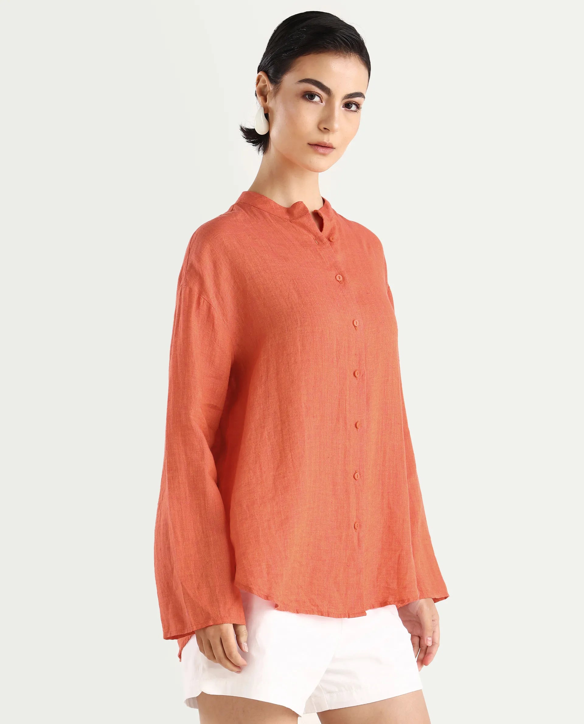 Rareism Women's Nent Orange 100% Linen Mandarin Collar Regular Fit Plain Top
